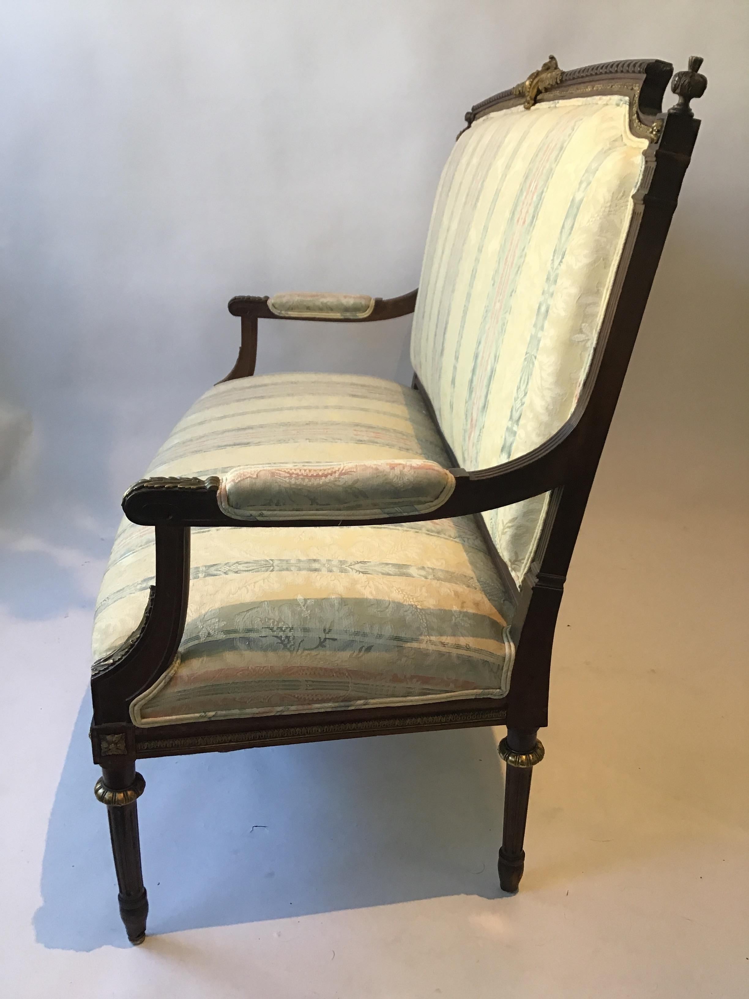 1920s French Louis XVI Wood Settee with Bronze Accents In Good Condition For Sale In Tarrytown, NY