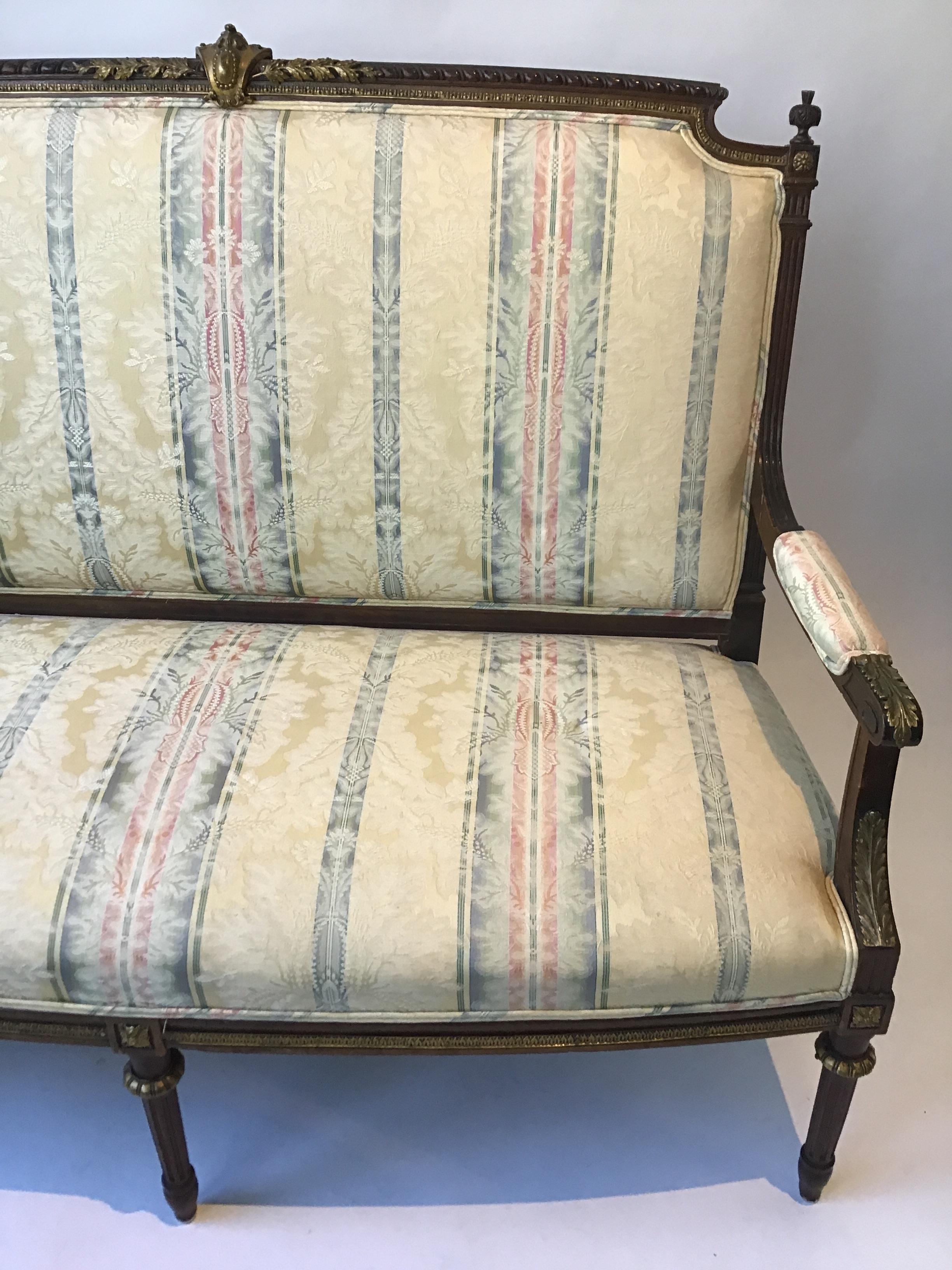 1920s French Louis XVI Wood Settee with Bronze Accents For Sale 2