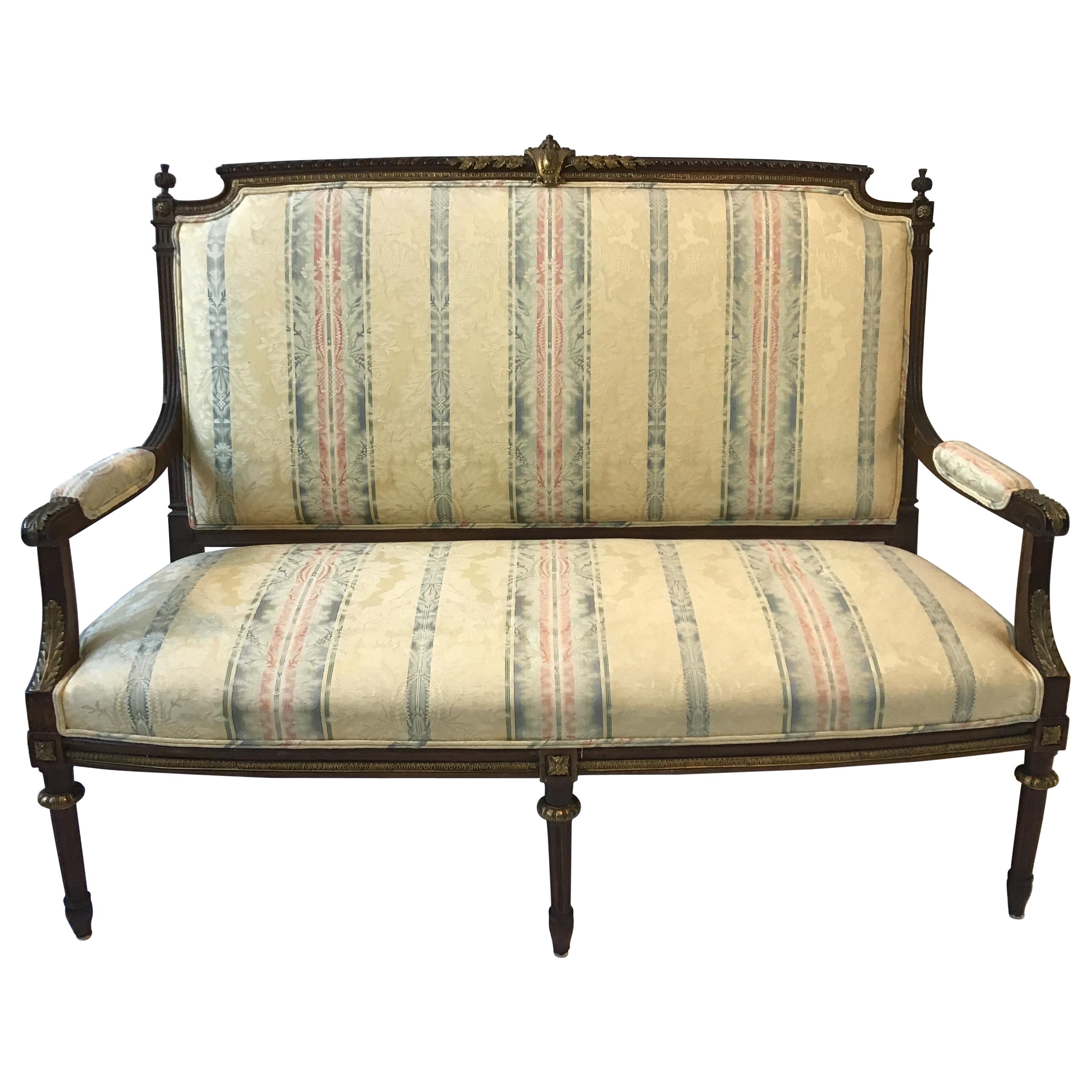1920s French Louis XVI Wood Settee with Bronze Accents For Sale
