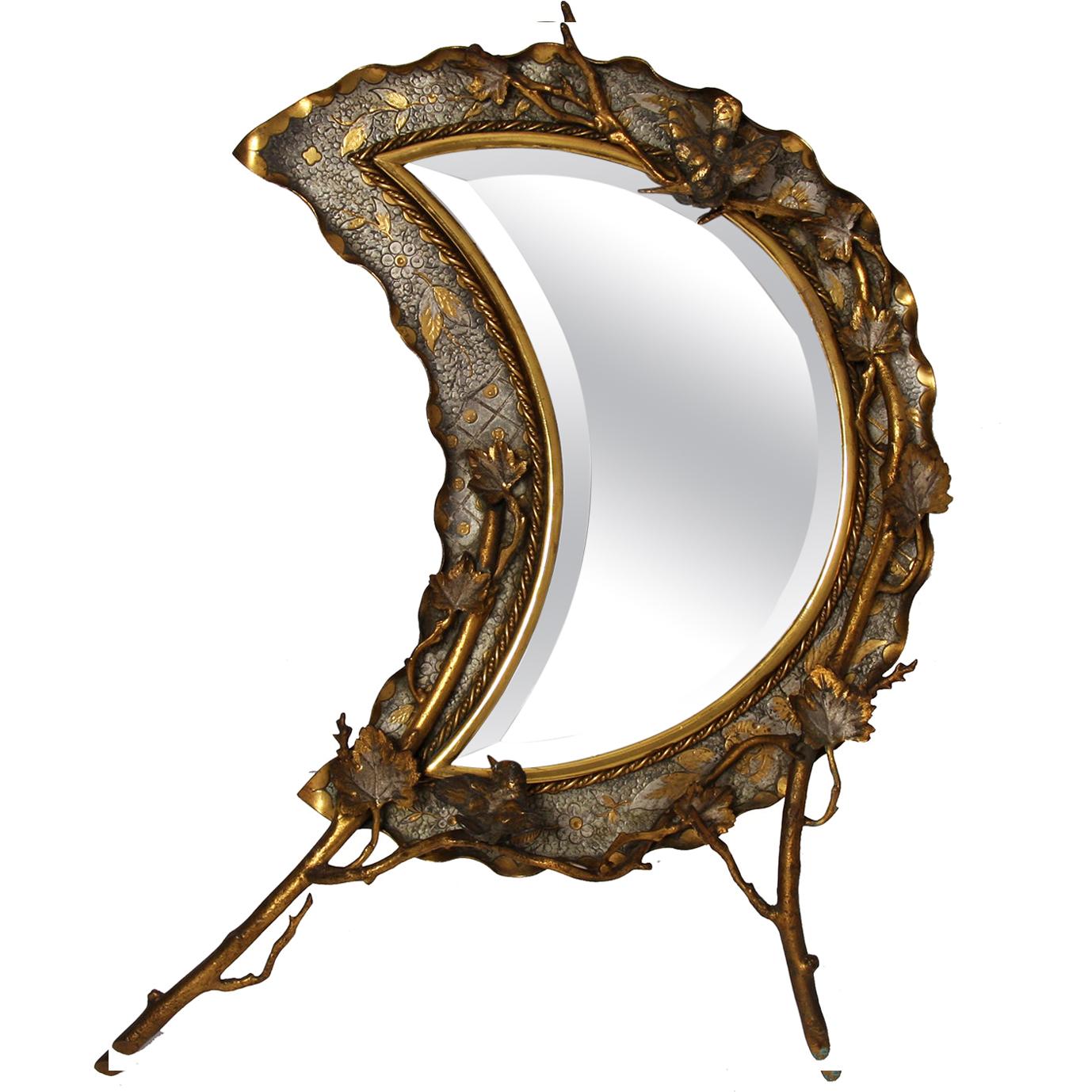 1920s French Naturalistic Brass Crescent Moon Table Top Mirror