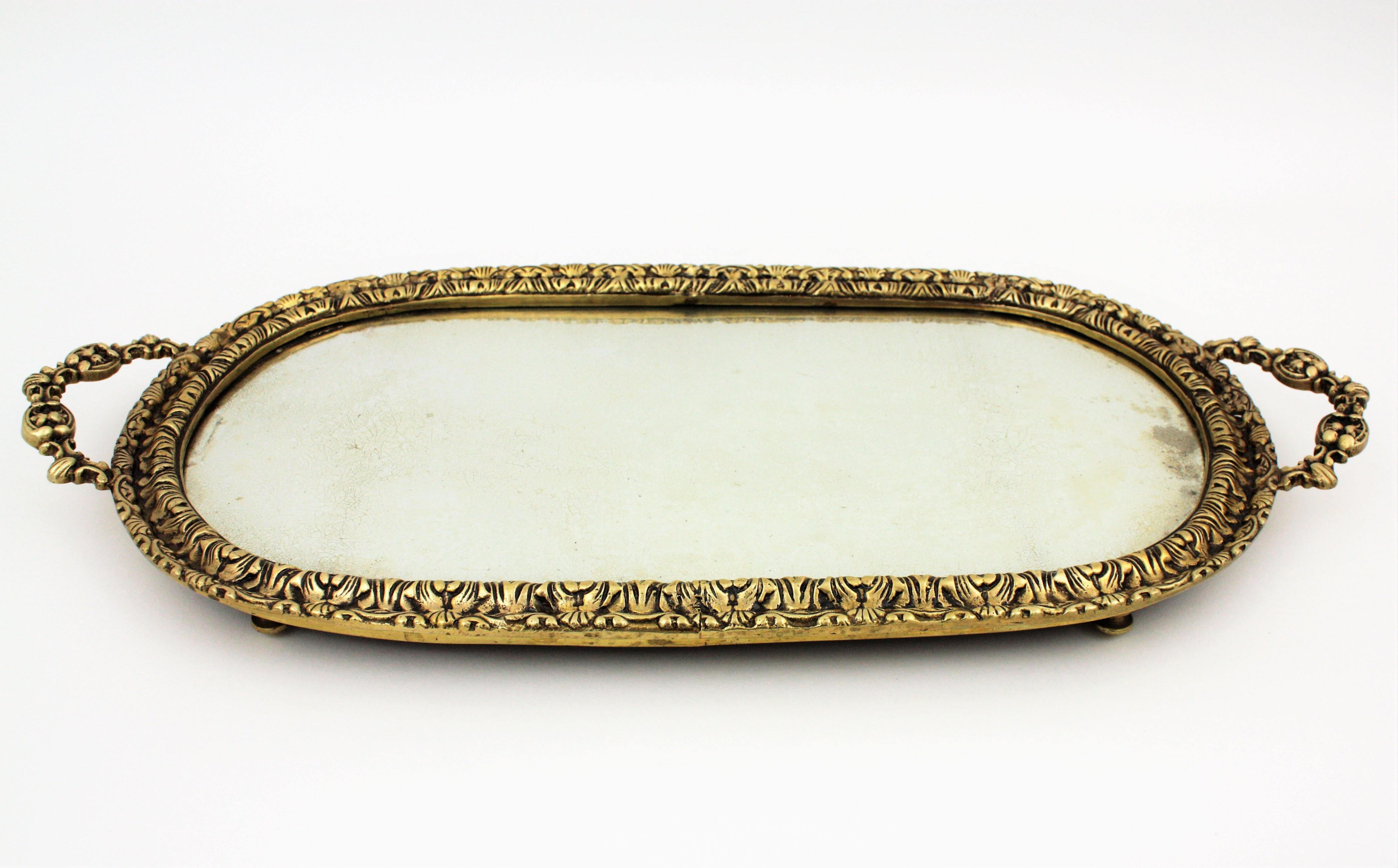 1920s French Neoclassical Bronze & Mirror Oval Serving Tray / Vanity Tray 5