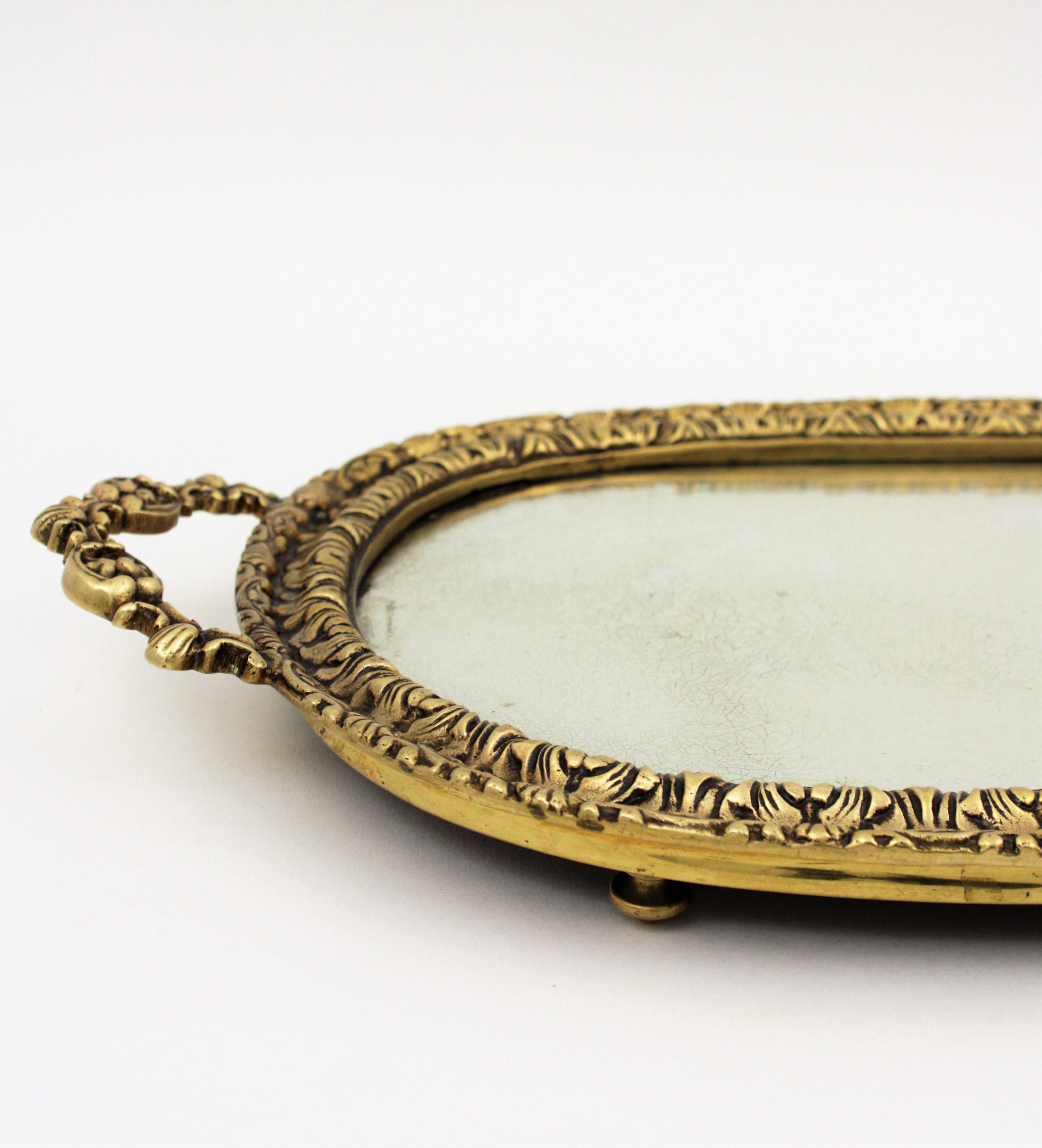 1920s French Neoclassical Bronze & Mirror Oval Serving Tray / Vanity Tray 9
