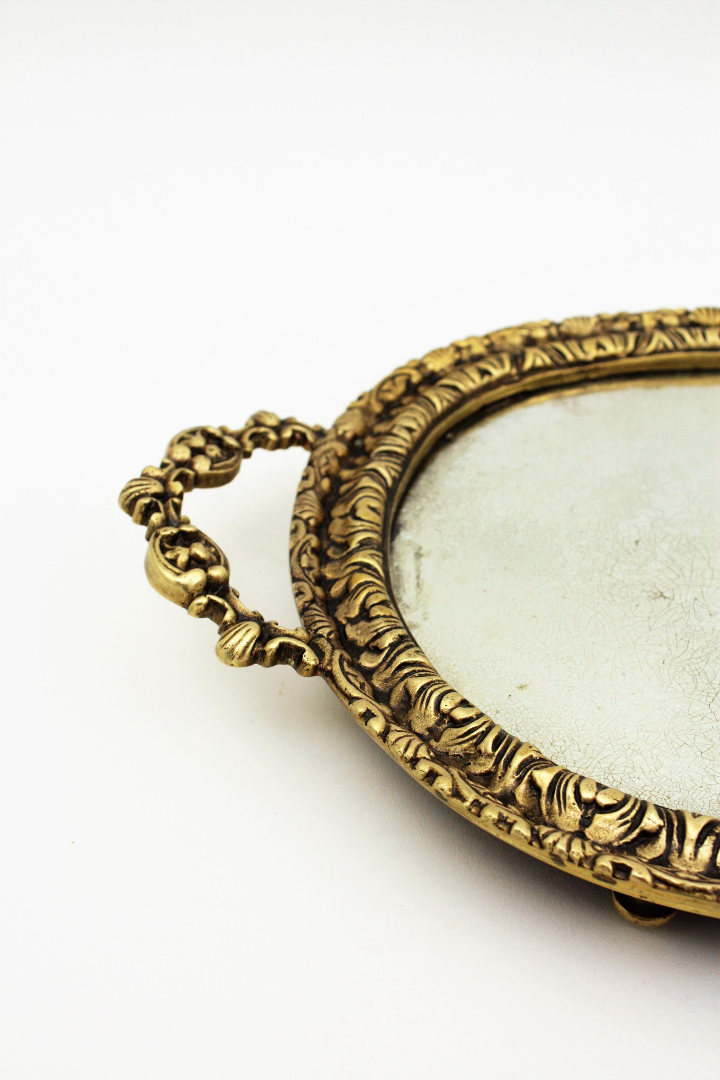 1920s French Neoclassical Bronze & Mirror Oval Serving Tray / Vanity Tray 10