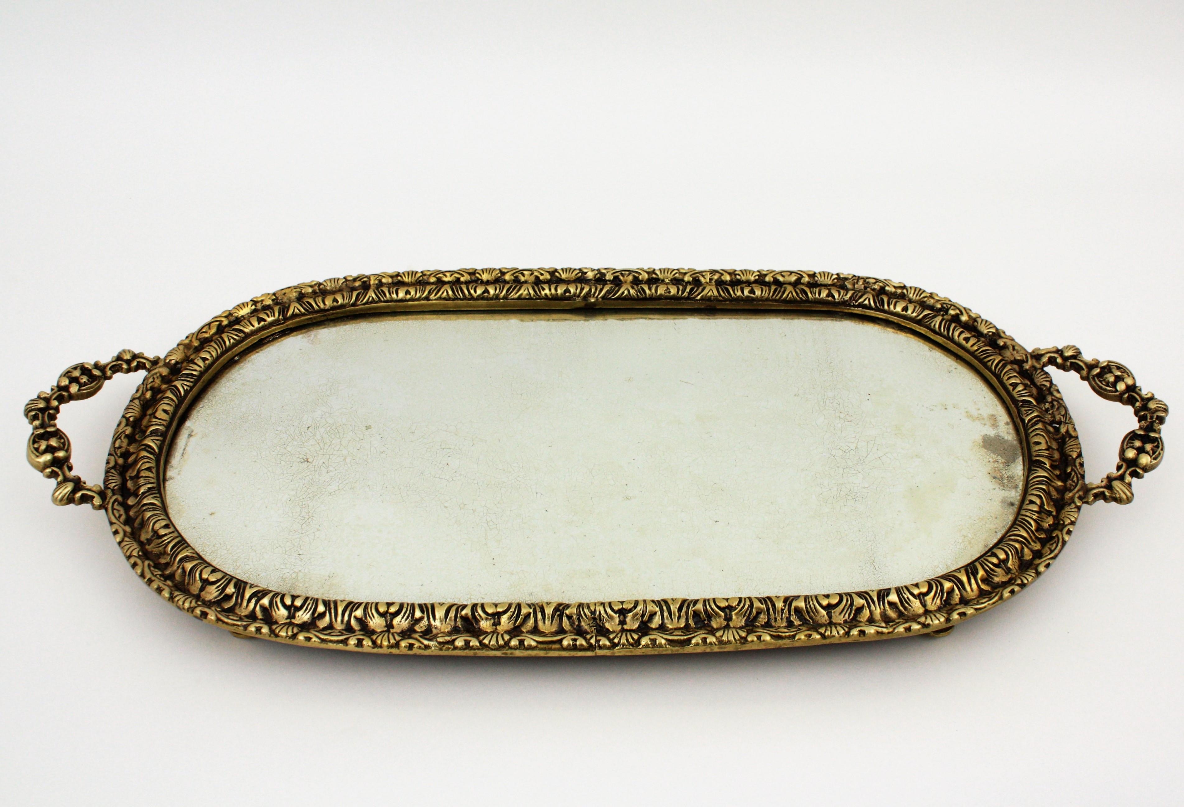 1920s French Neoclassical Bronze & Mirror Oval Serving Tray / Vanity Tray 1