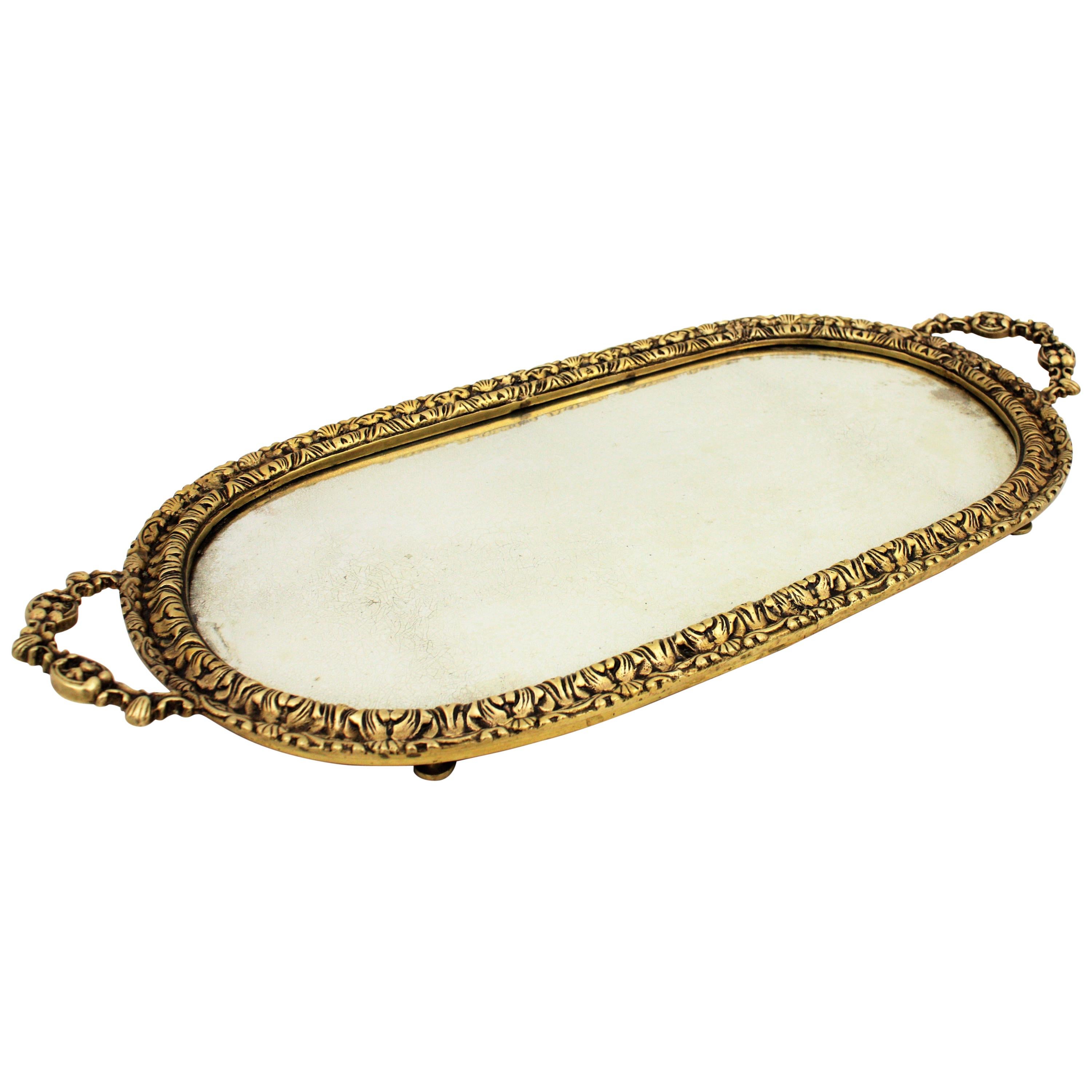 1920s French Neoclassical Bronze & Mirror Oval Serving Tray / Vanity Tray