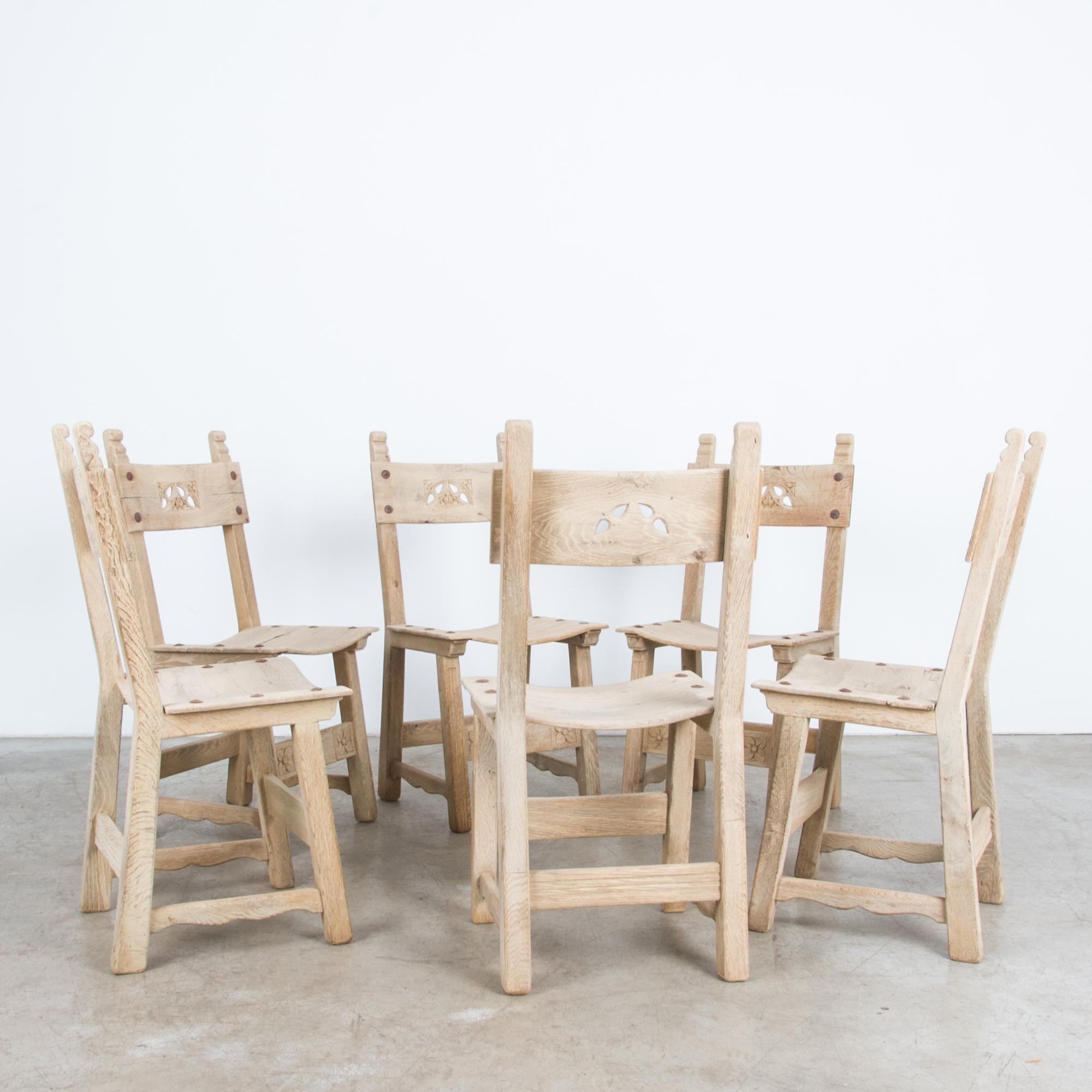 Bleached 1920s French Oak Dining Chairs, Set of Six