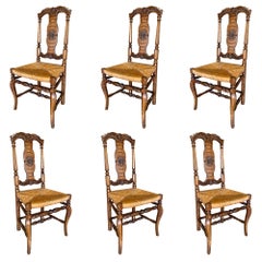1920s French Oak Dining Chairs with Detailed Carvings & Rush Seats  Set of 6