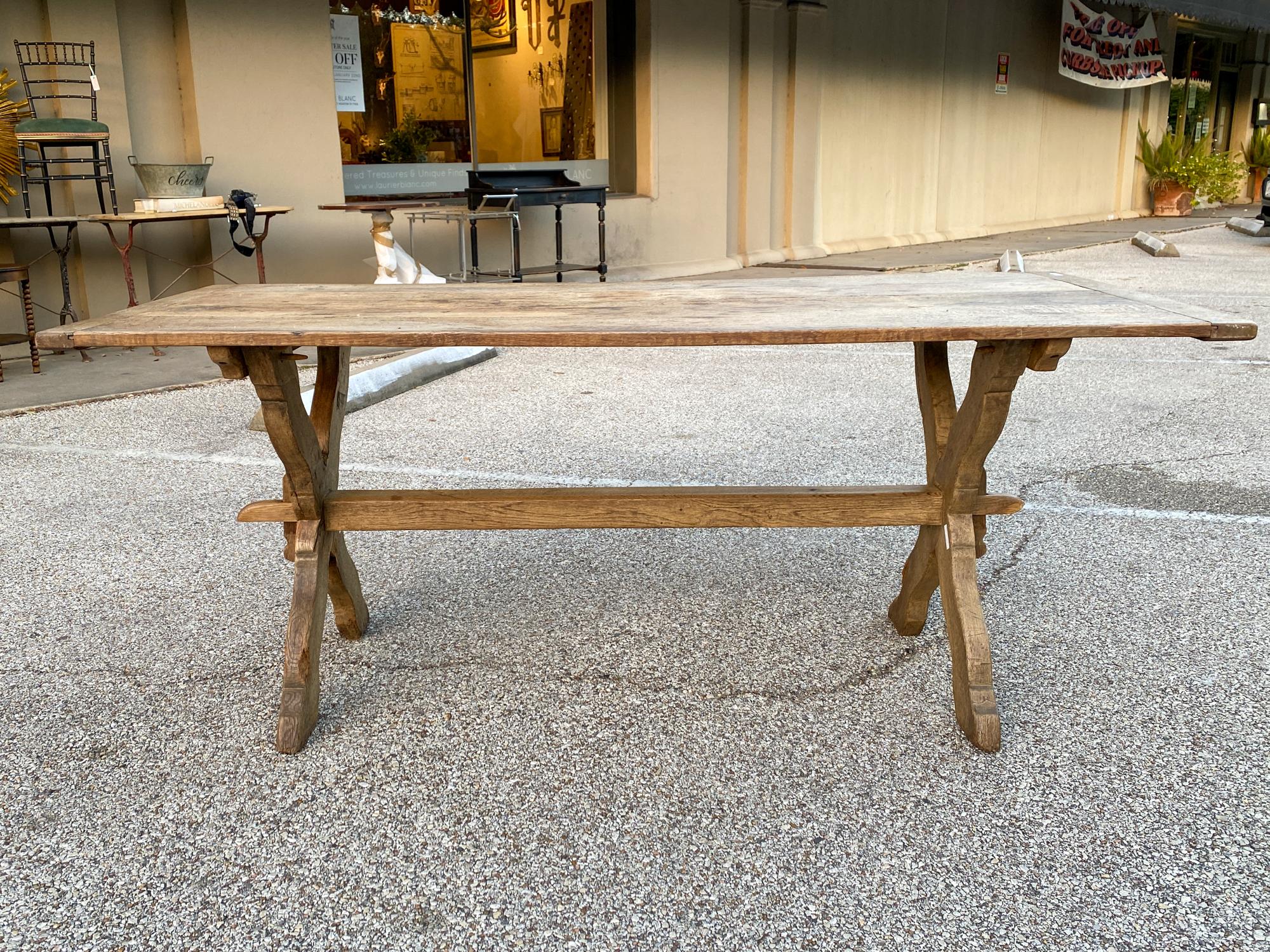 1920s French Oak Trestle Style Farm Table with X-Base Legs In Good Condition In Houston, TX