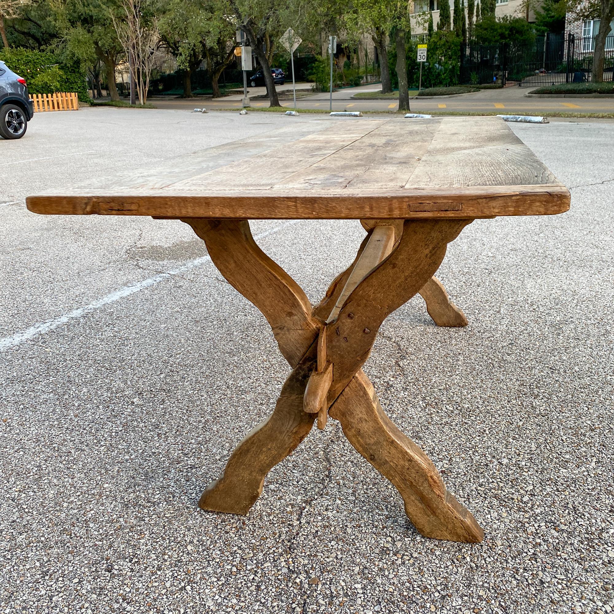 Early 20th Century 1920s French Oak Trestle Style Farm Table with X-Base Legs