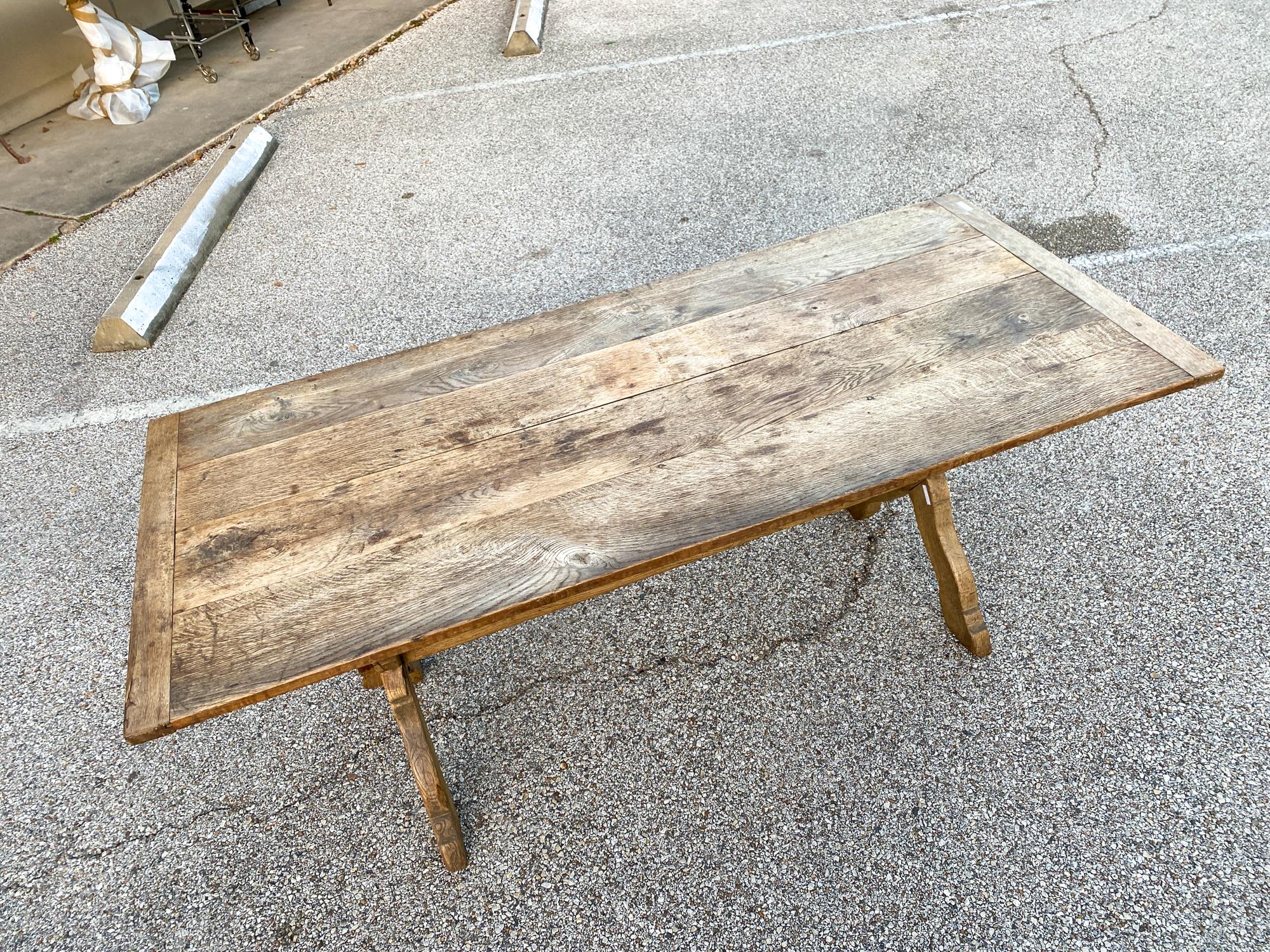1920s French Oak Trestle Style Farm Table with X-Base Legs 4