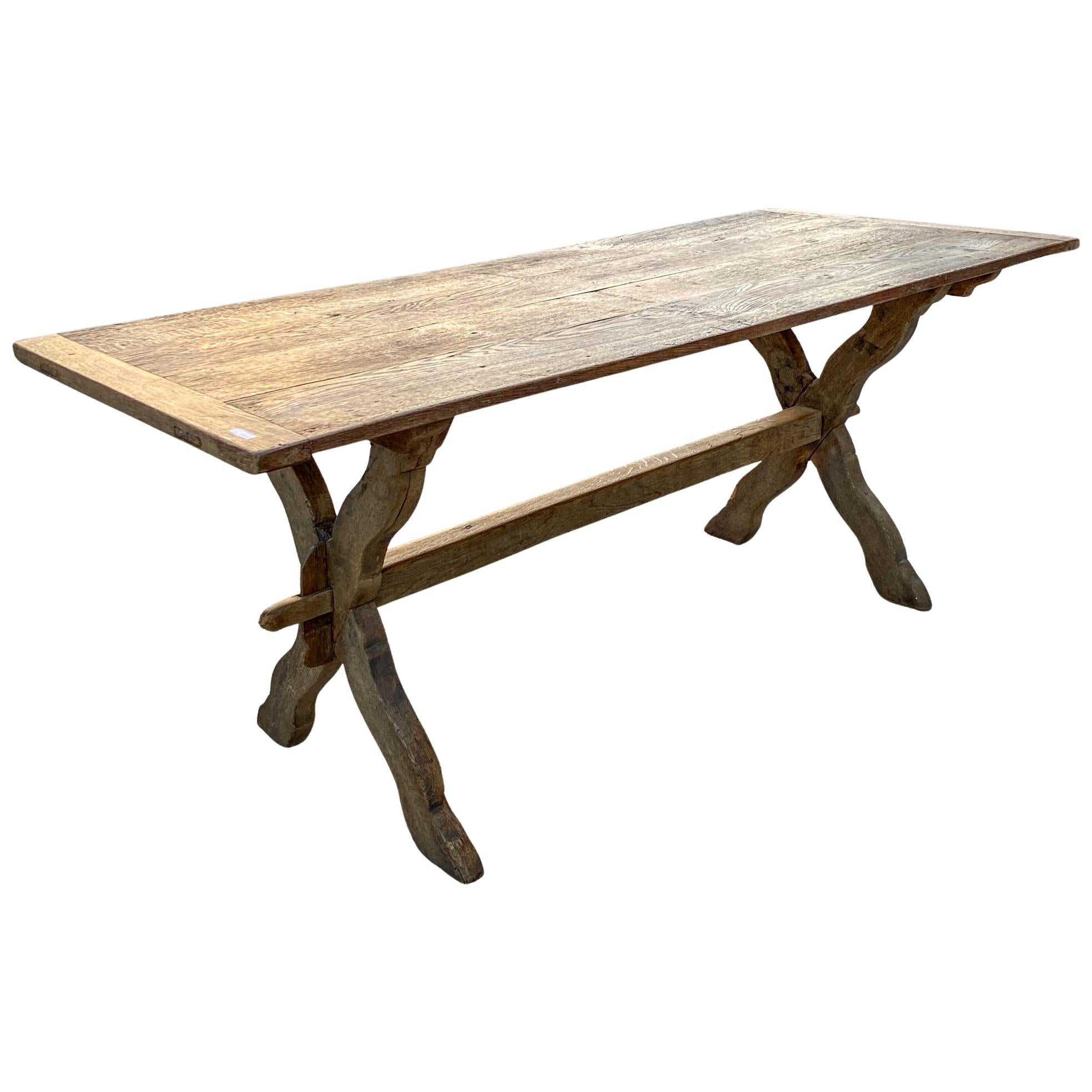1920s French Oak Trestle Style Farm Table with X-Base Legs
