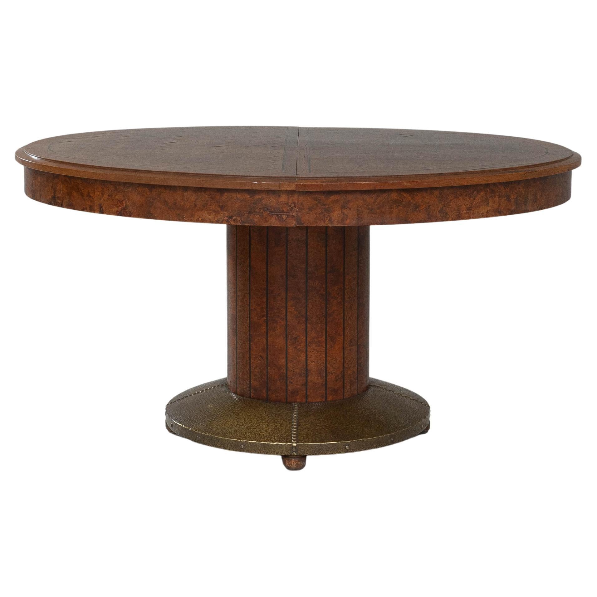 1920s French Oval Art Deco Dining Table With Inlaid Top and Brass Base