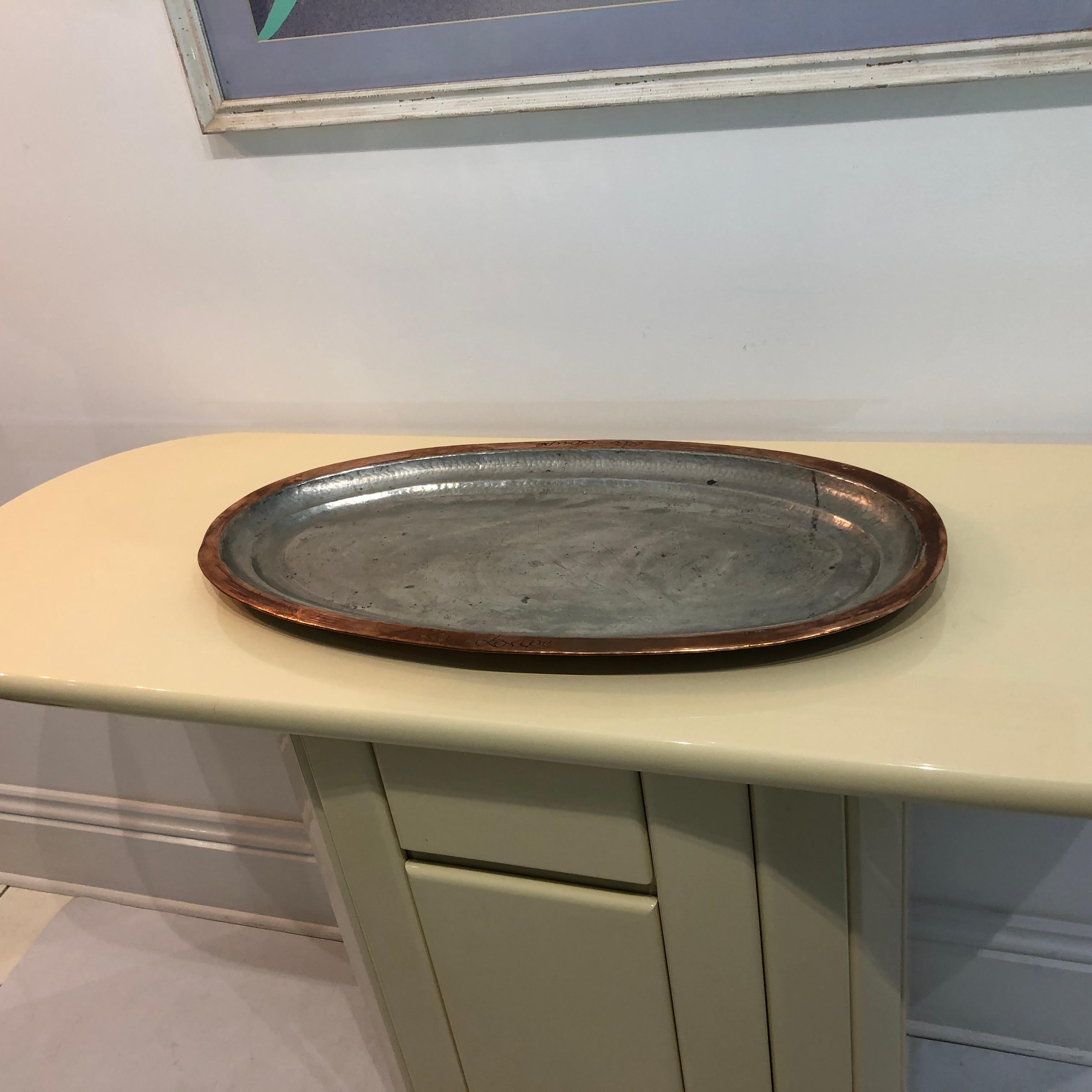Aesthetic Movement 1920s French Oval Hammered Copper Fish Plate Platter Antique Vintage Midcentury For Sale