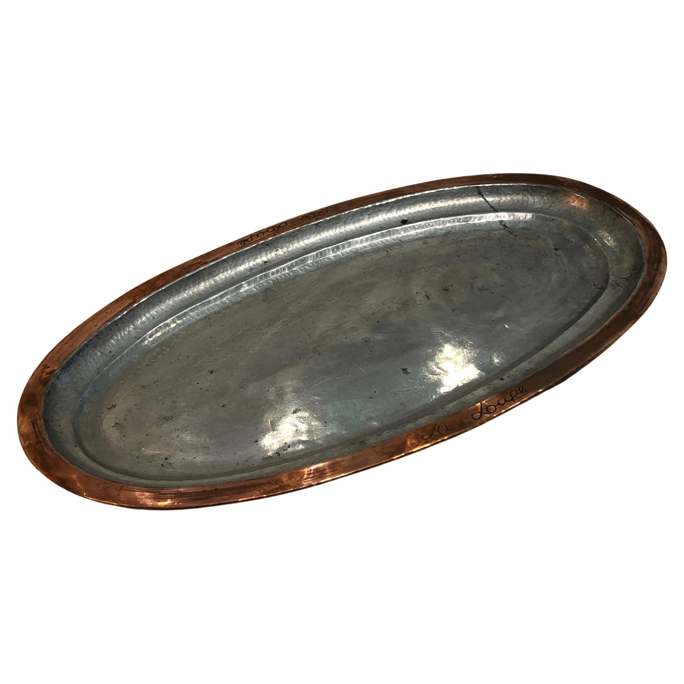 1920s French Oval Hammered Copper Fish Plate Platter Antique Vintage Midcentury For Sale