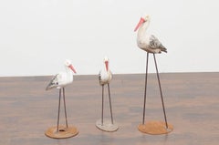 1920s French Painted Stone Storks from a Zoo in Alsace, Mounted on Iron Bases