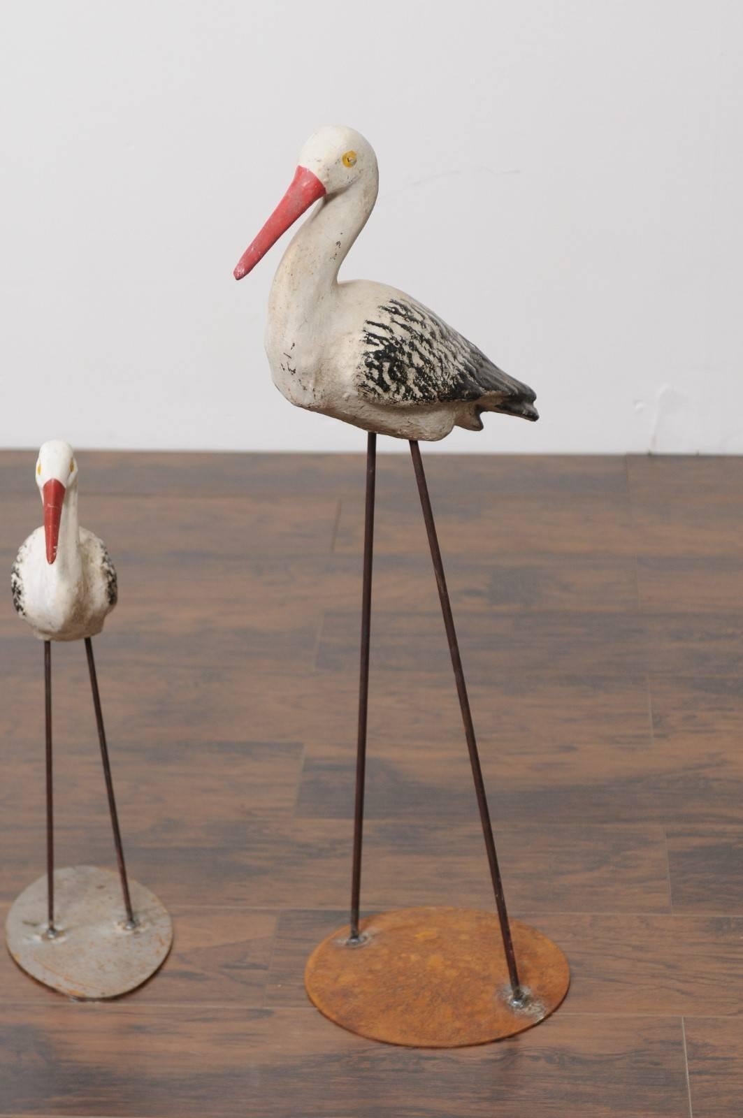 20th Century 1920s French Painted Stone Storks from a Zoo in Alsace, Mounted on Iron Bases For Sale