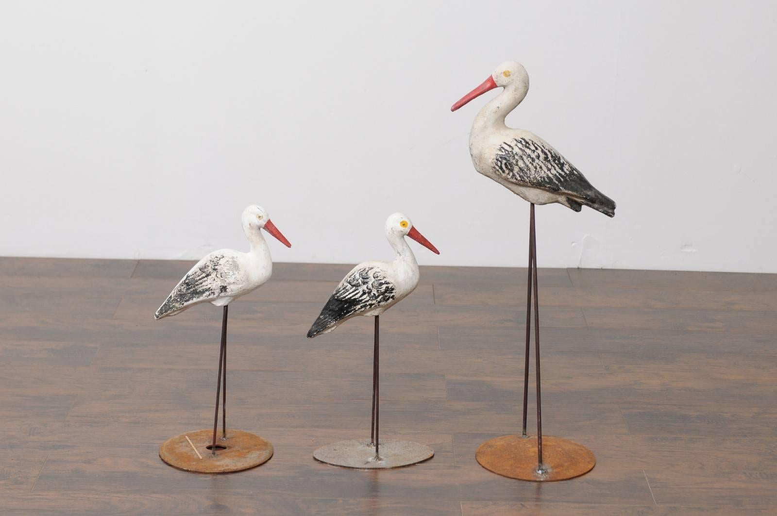 1920s French Painted Stone Storks from a Zoo in Alsace, Mounted on Iron Bases For Sale 1