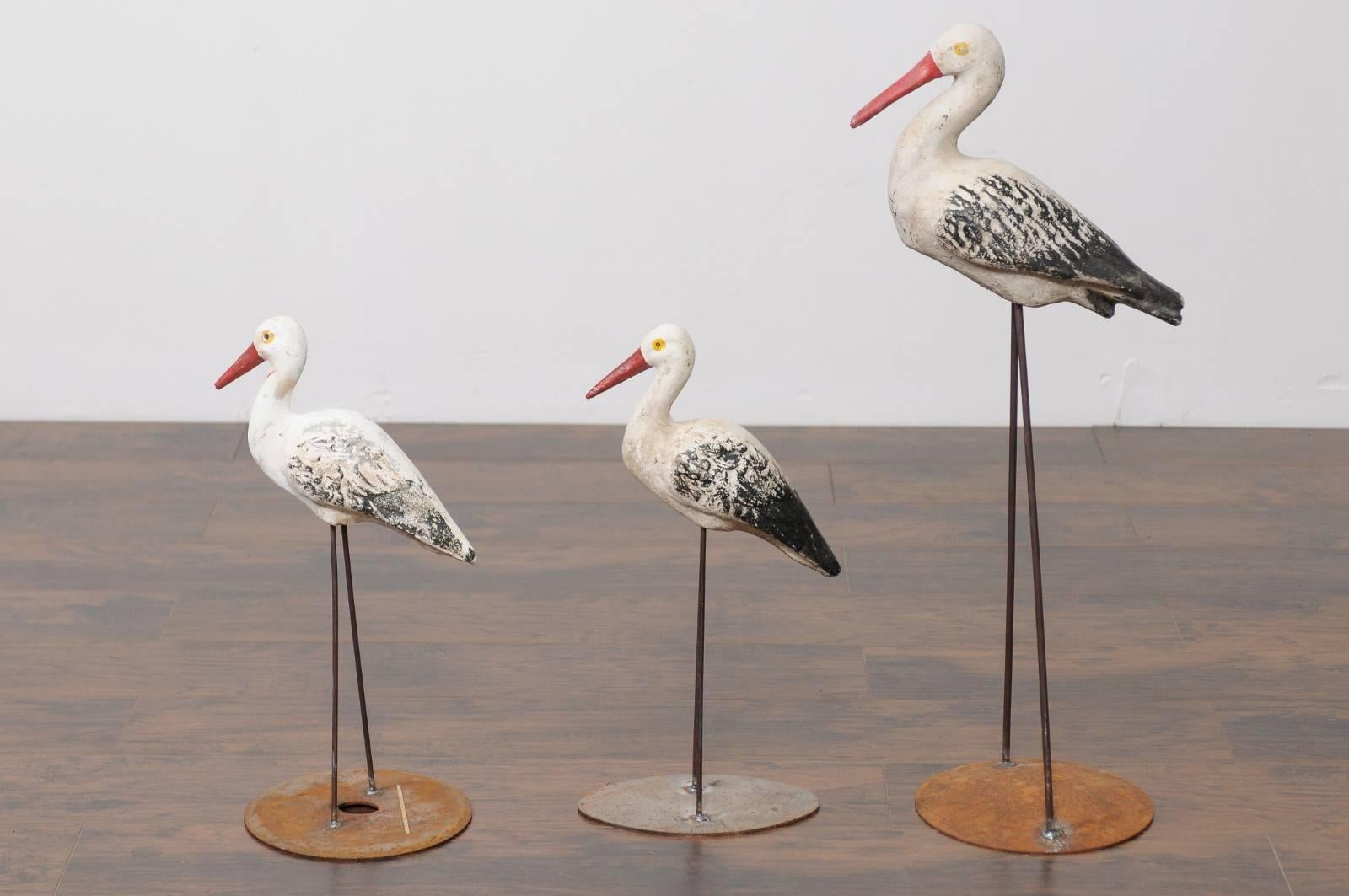 1920s French Painted Stone Storks from a Zoo in Alsace, Mounted on Iron Bases For Sale 3