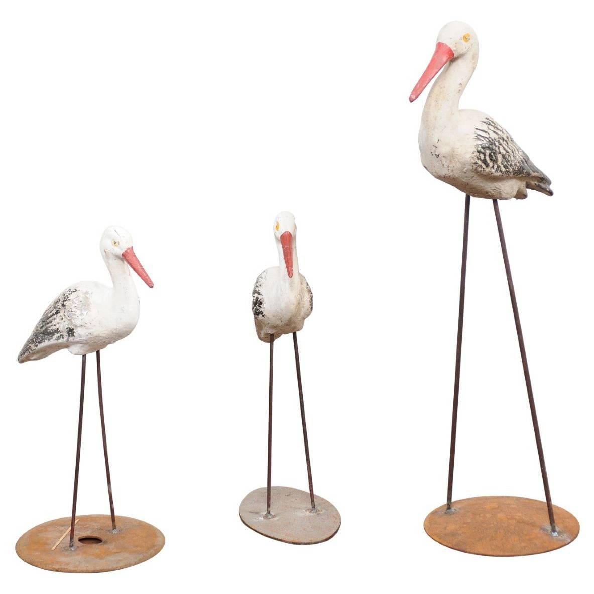 1920s French Painted Stone Storks from a Zoo in Alsace, Mounted on Iron Bases For Sale