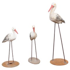 1920s French Painted Stone Storks from a Zoo in Alsace, Mounted on Iron Bases