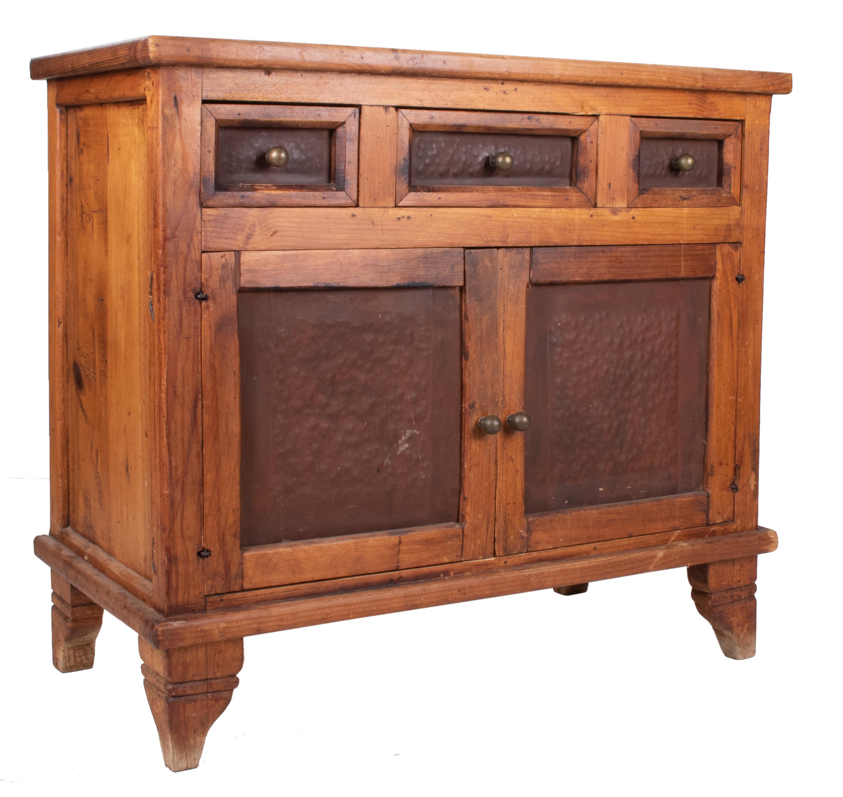 1920s French pair of antique rural kitchen cabinets lined with hammered metal sheets.