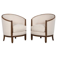 1920s French Parisian Art Deco Maple Tub Armchairs in Cream Boucle - A Pair