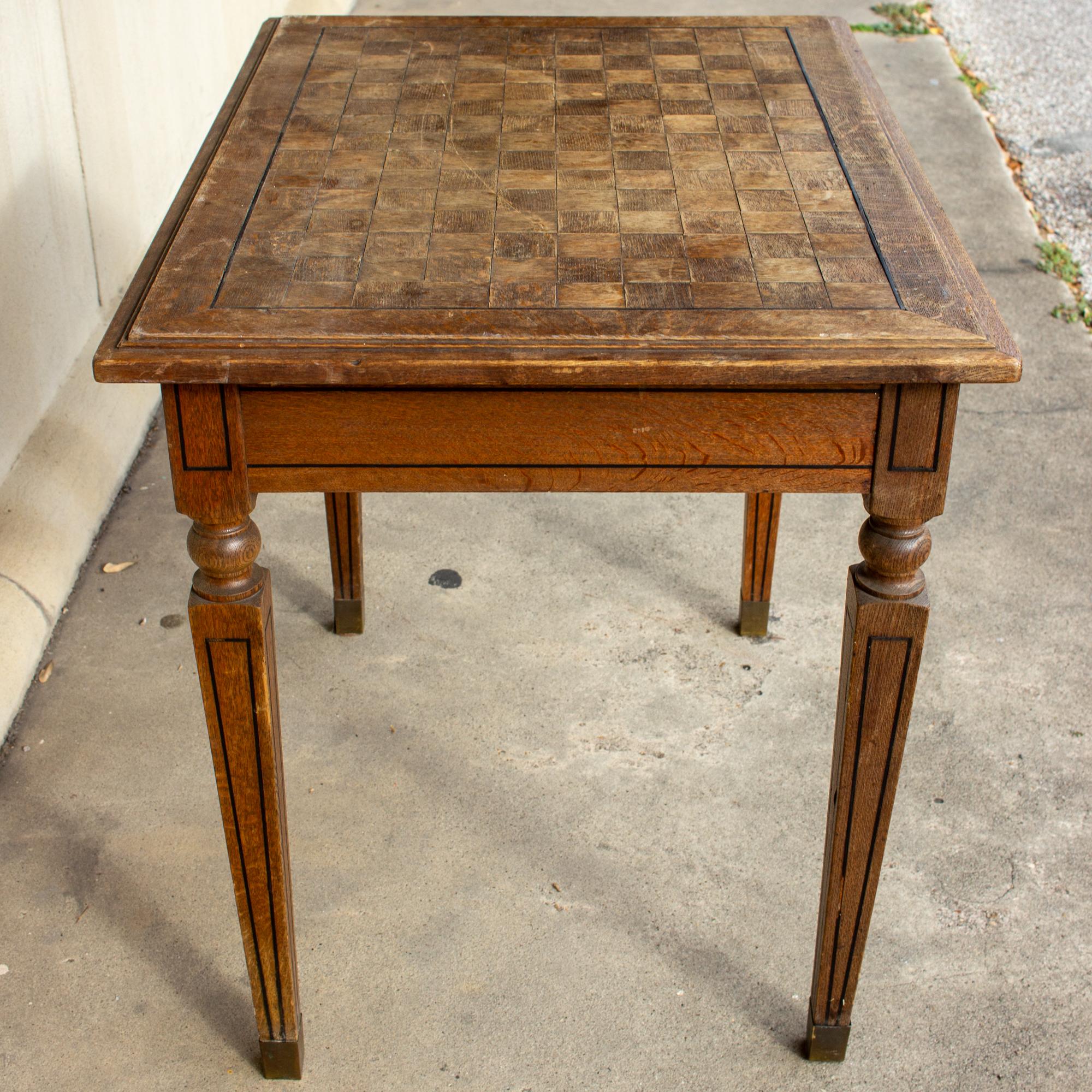 1920s French Parquet Top Desk with Drawer and Brass Details 5
