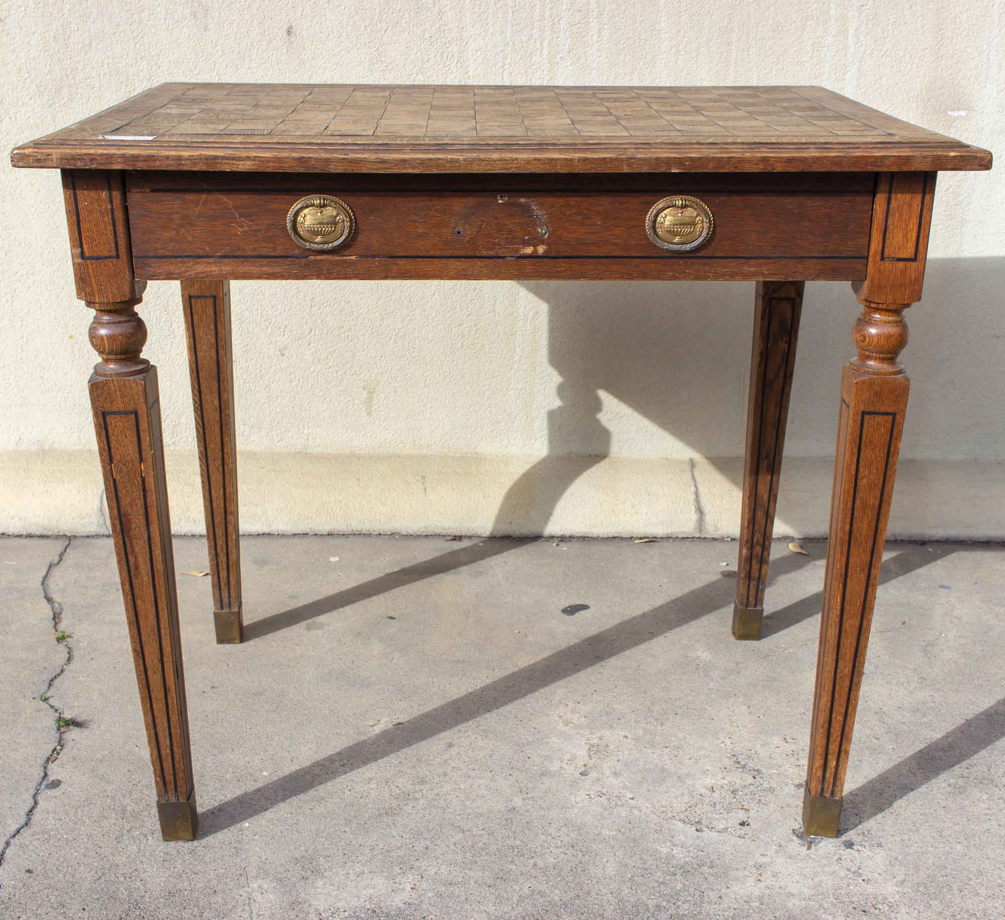 Parquetry 1920s French Parquet Top Desk with Drawer and Brass Details