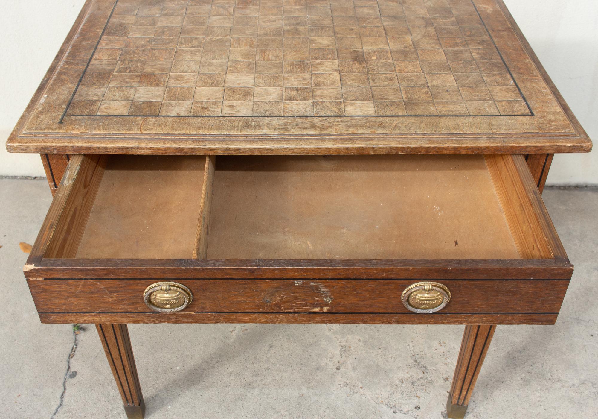 1920s French Parquet Top Desk with Drawer and Brass Details 1