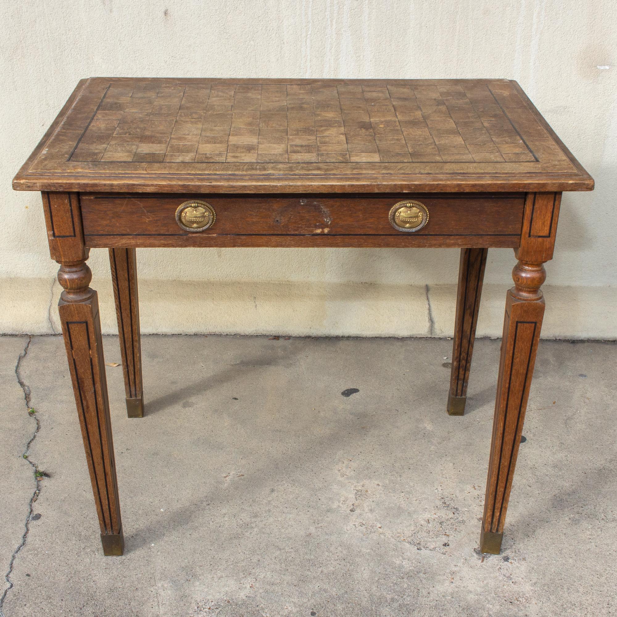 1920s French Parquet Top Desk with Drawer and Brass Details 2