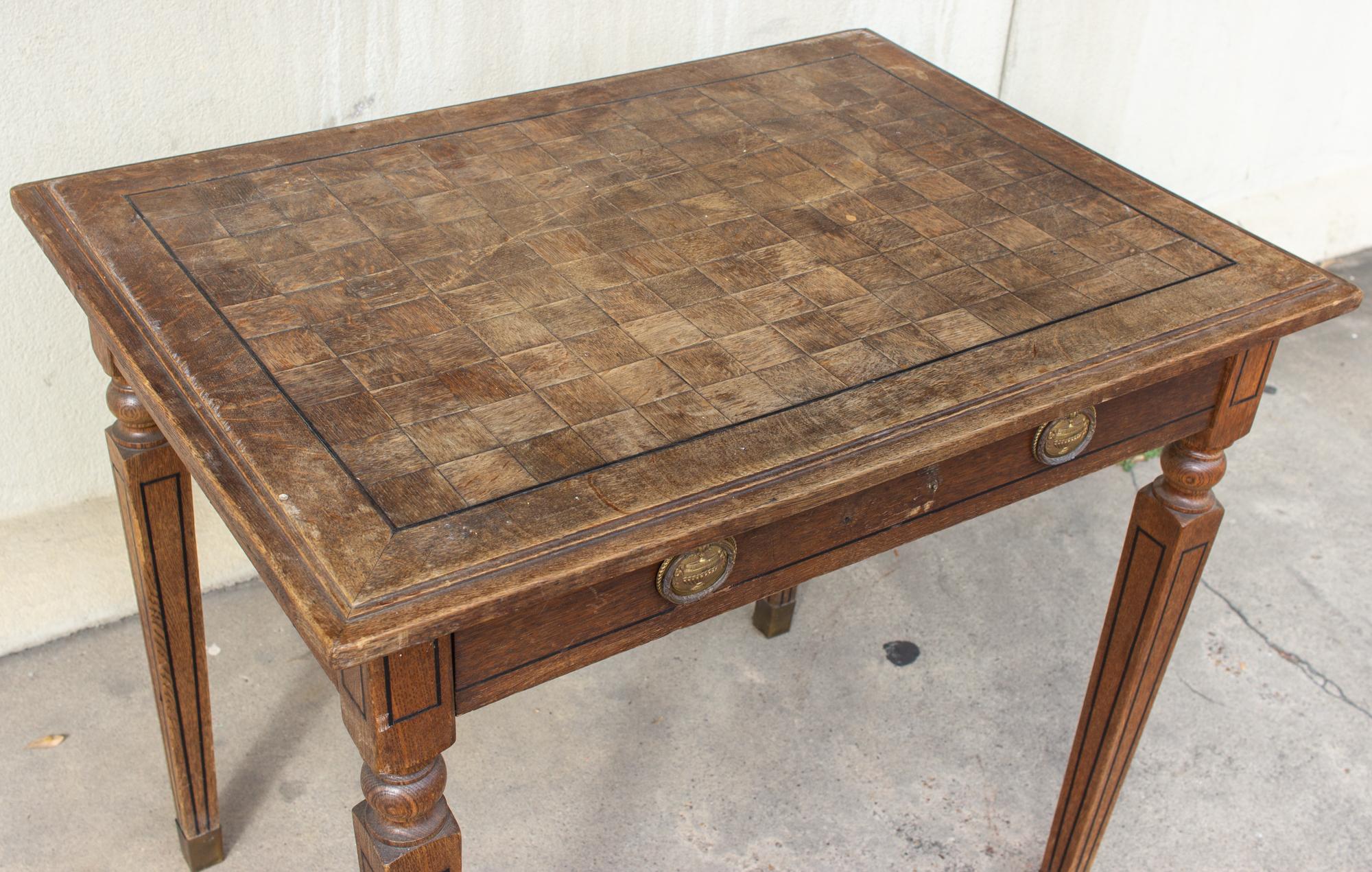 1920s French Parquet Top Desk with Drawer and Brass Details 3