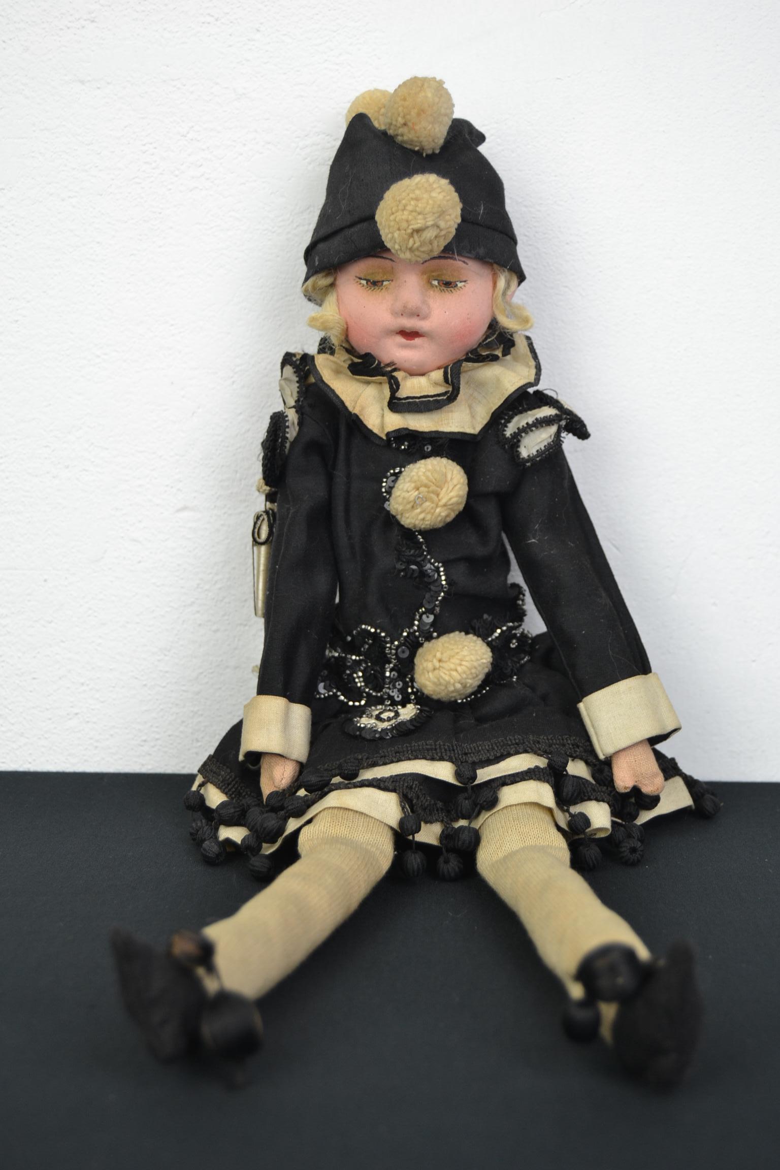 1920s French Pierrot Doll, Boudoir Salon Harlequin Doll 8