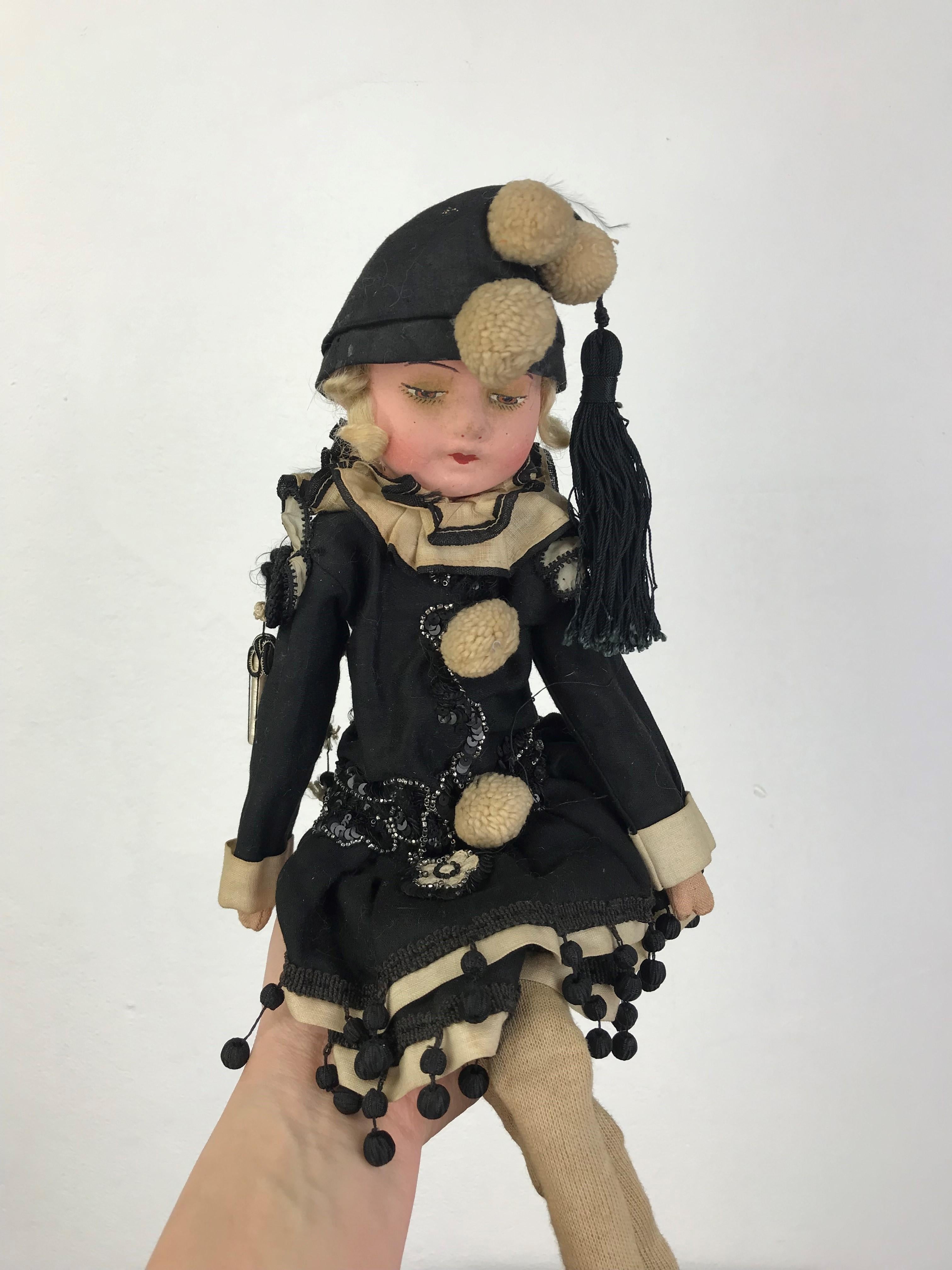 1920s French Pierrot Doll, Boudoir Salon Harlequin Doll 9