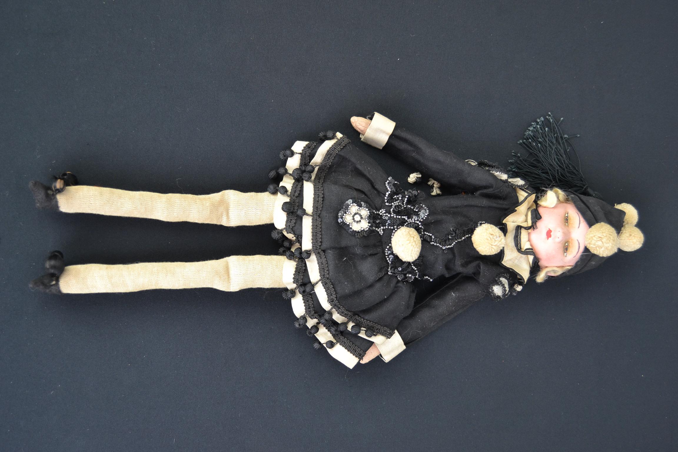 Fabric 1920s French Pierrot Doll, Boudoir Salon Harlequin Doll