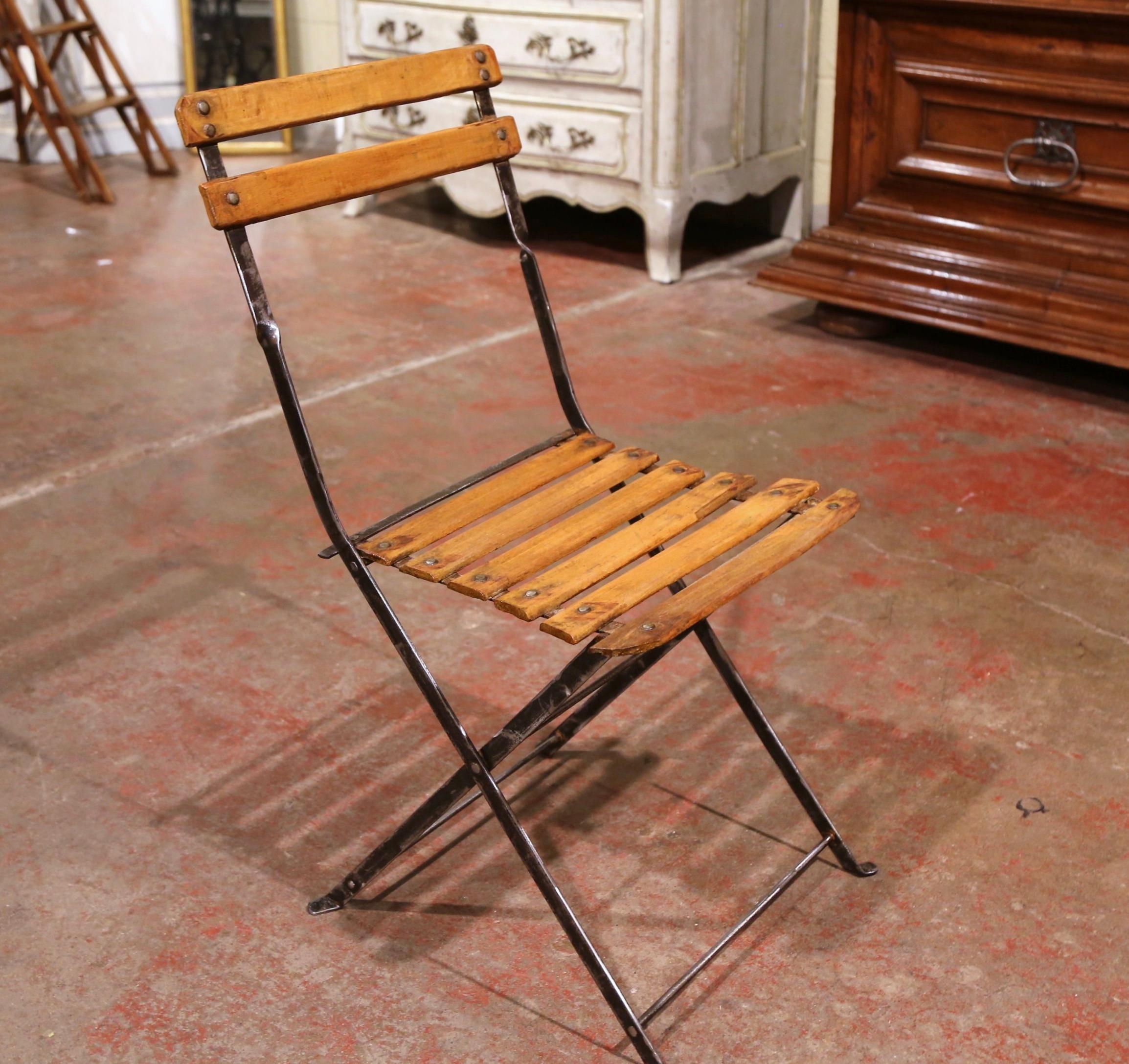 20th Century 1920's French Polished Iron and Wood Folding Garden Chairs, Set of Eight