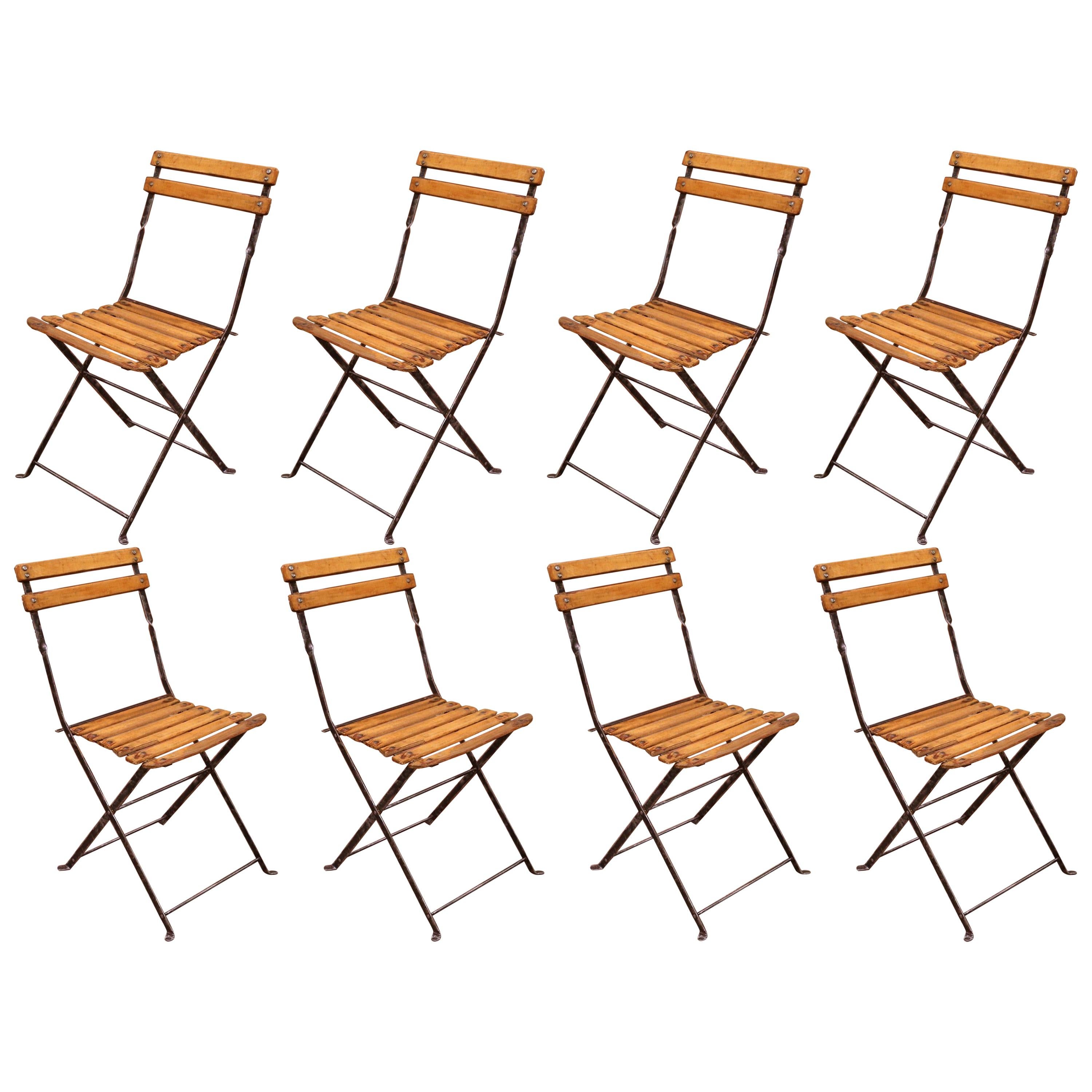 1920's French Polished Iron and Wood Folding Garden Chairs, Set of Eight