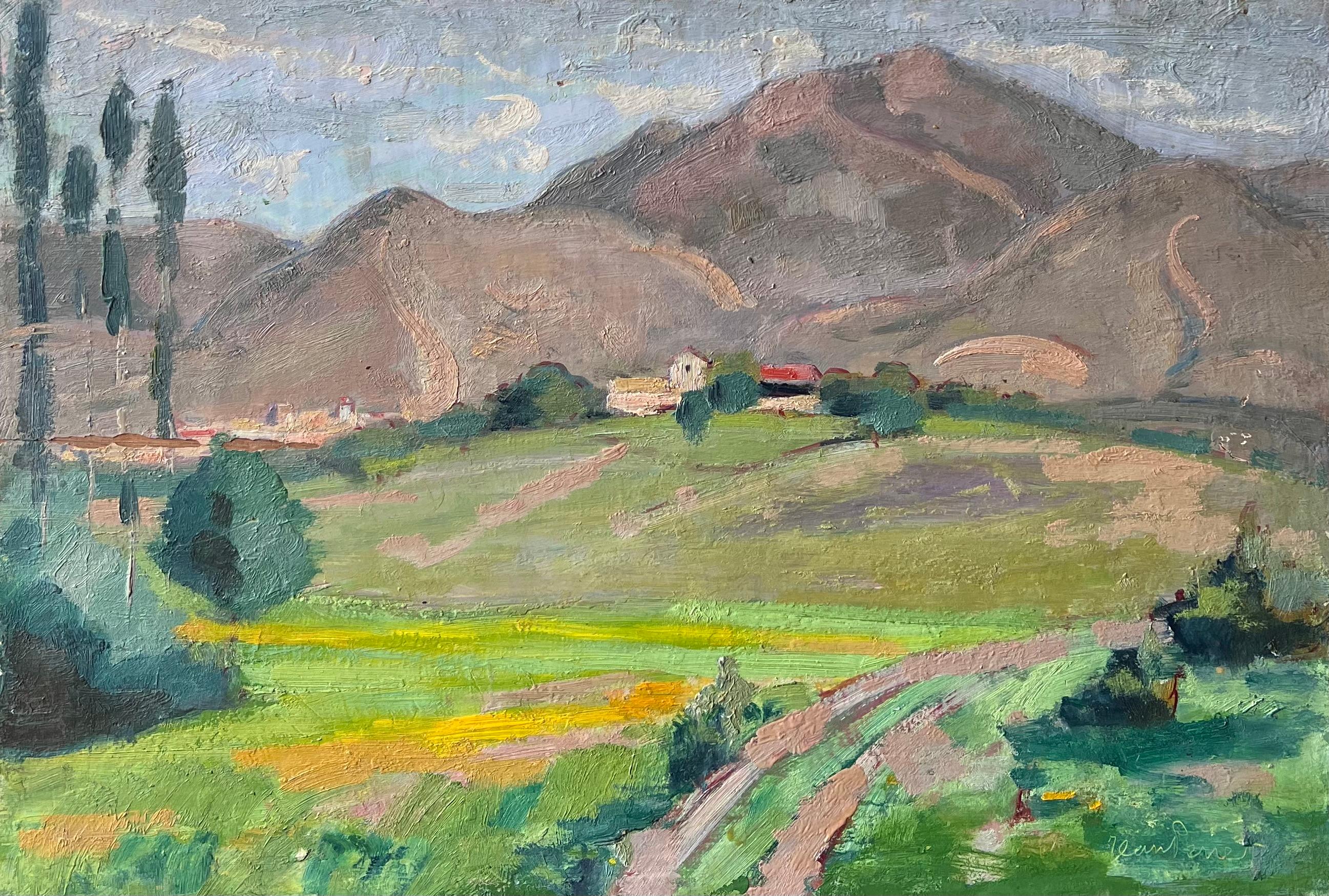 1920
s French Post Impressionist Landscape Painting - Provencal Green Landscape Antique French Signed Oil Painting