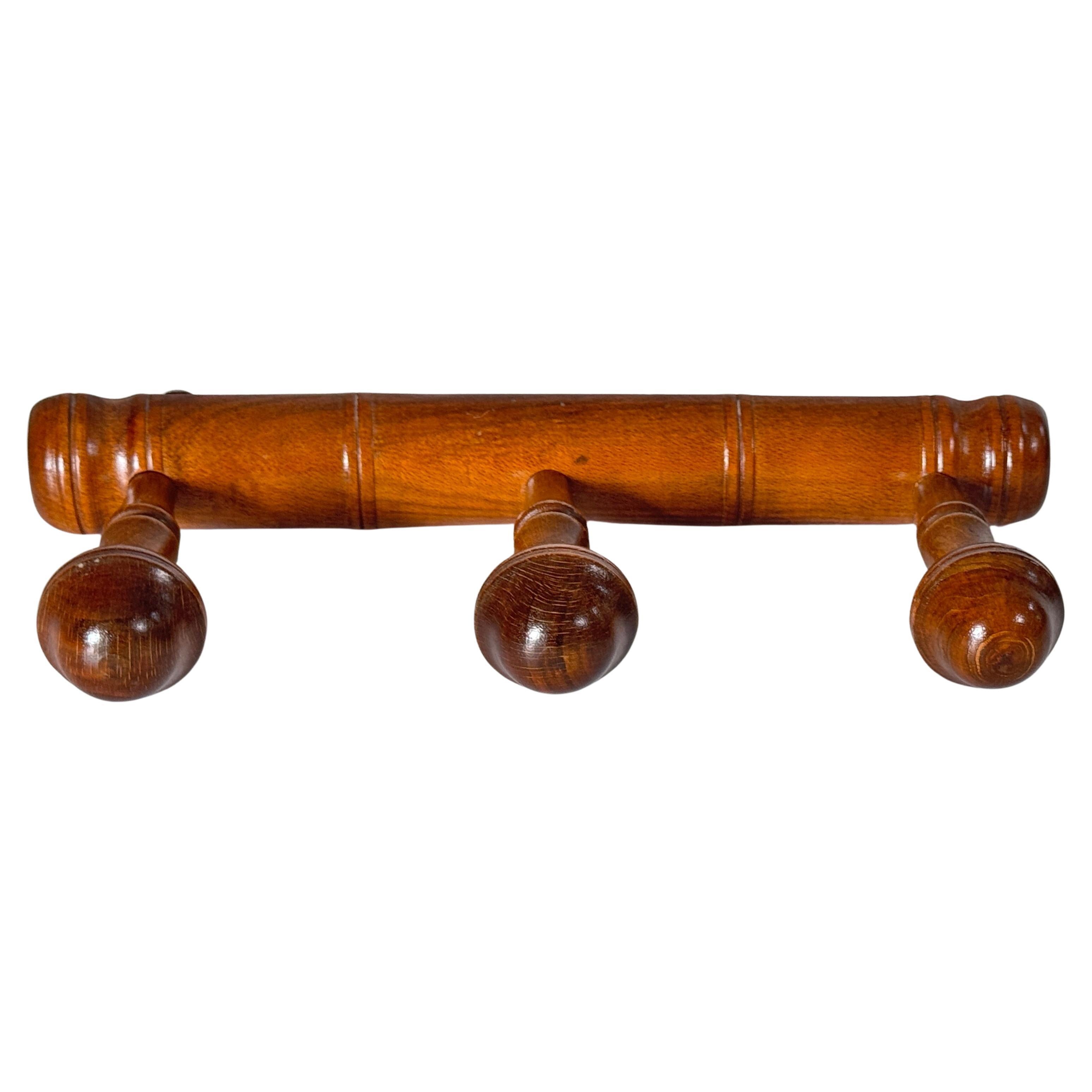 1920s French Provincial Turned Wood & Faux Bamboo Coat Rack, Three Hooks