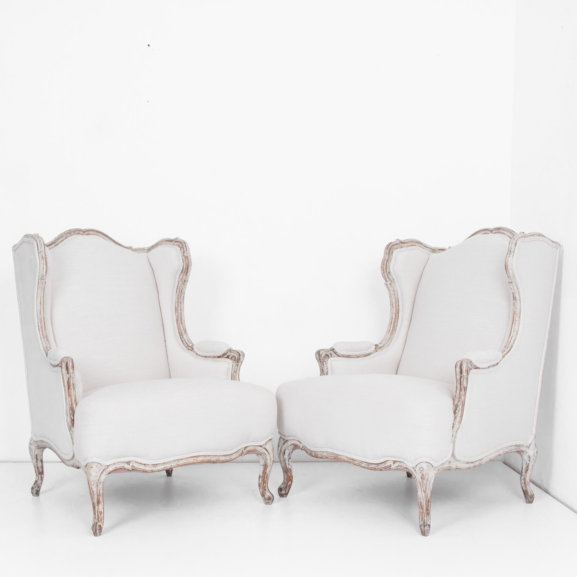 1920s French Provincial Upholstered Bergère Chairs, a Pair In Good Condition In High Point, NC