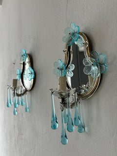 1920s French Rare Aqua Blue Murano Glass Drops & Flowers Mirrored Sconces
