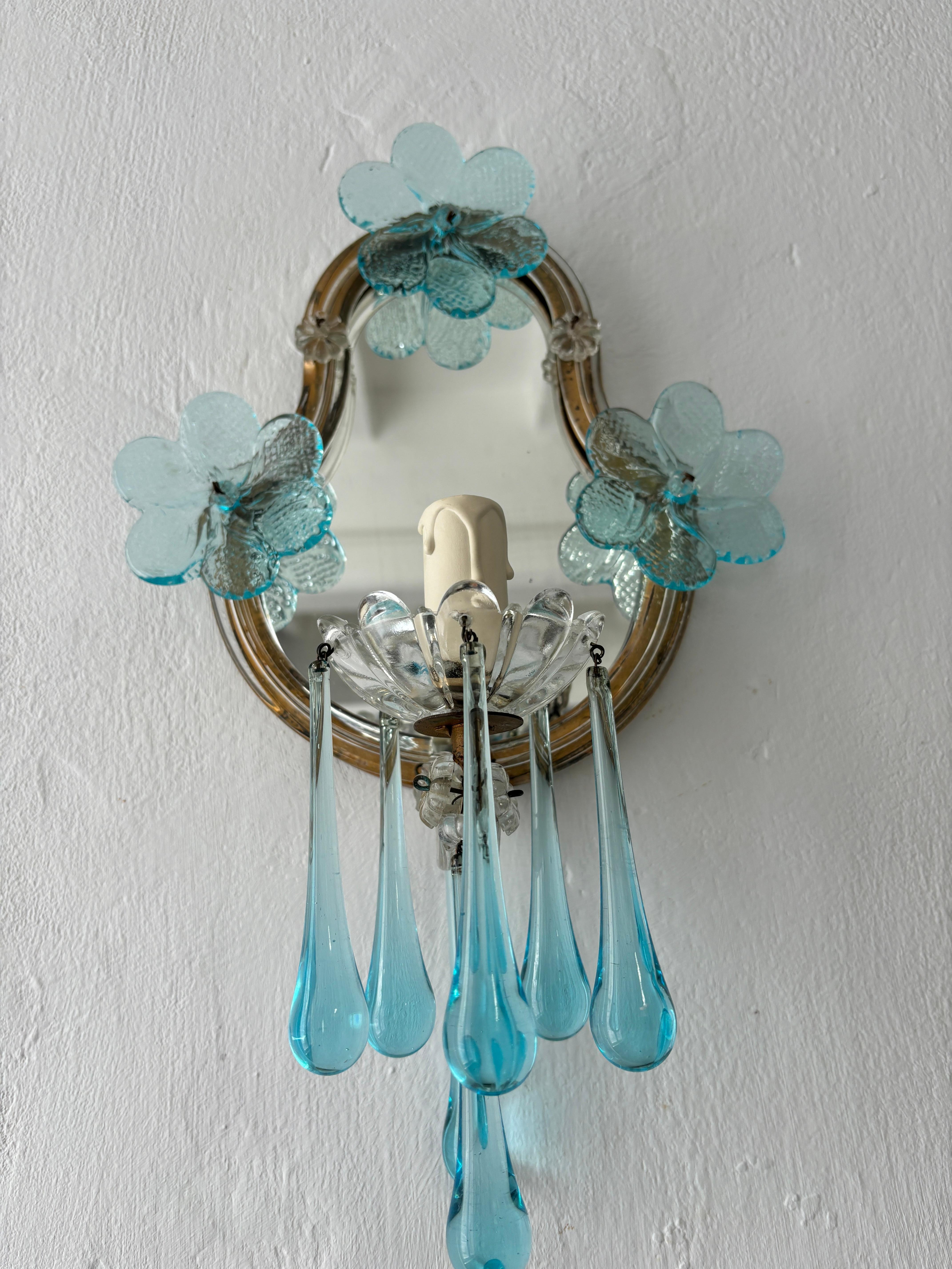 Early 20th Century 1920s French Rare Aqua Blue Murano Glass Drops & Flowers Mirrored Sconces For Sale