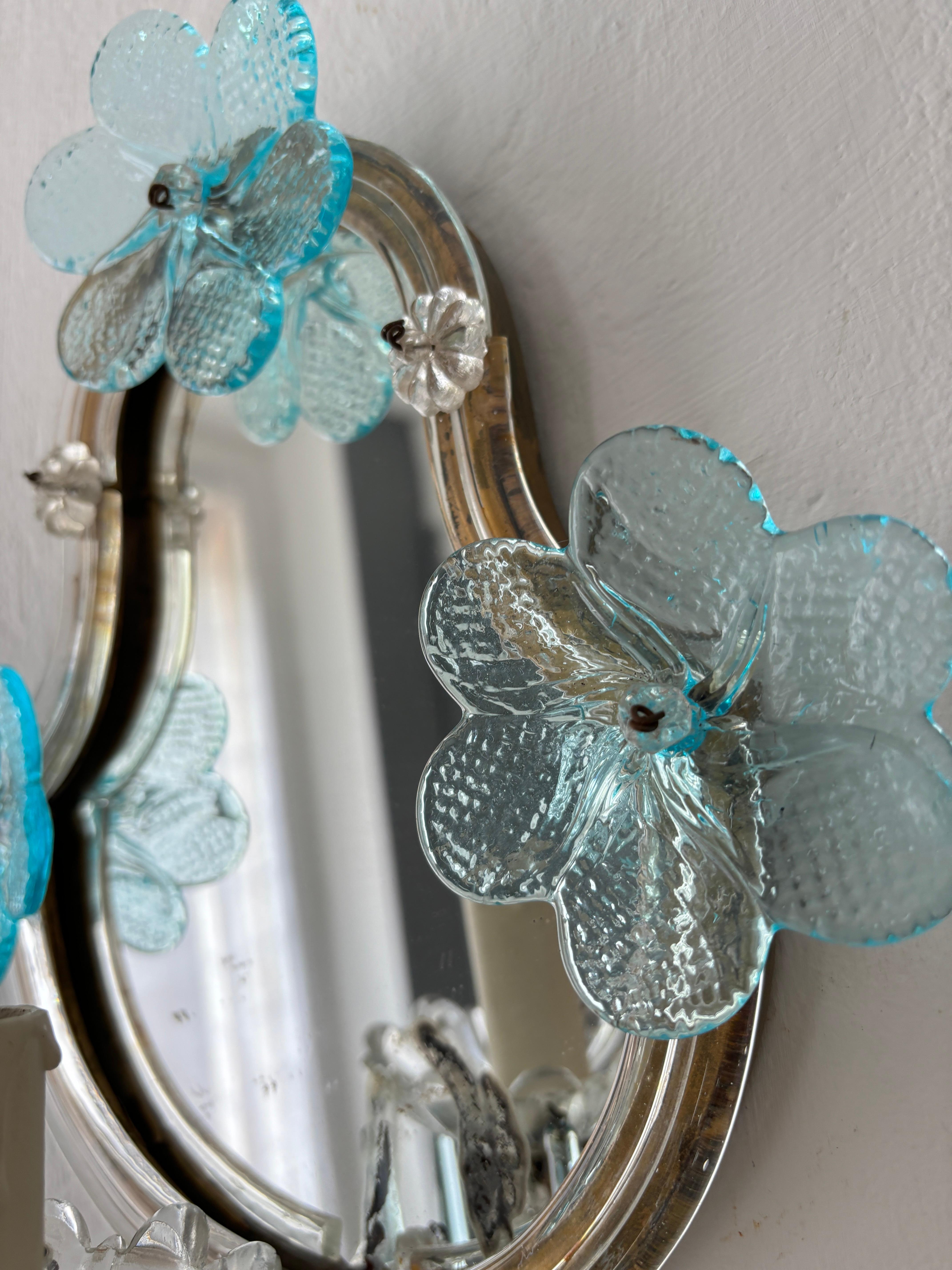 1920s French Rare Aqua Blue Murano Glass Drops & Flowers Mirrored Sconces For Sale 1