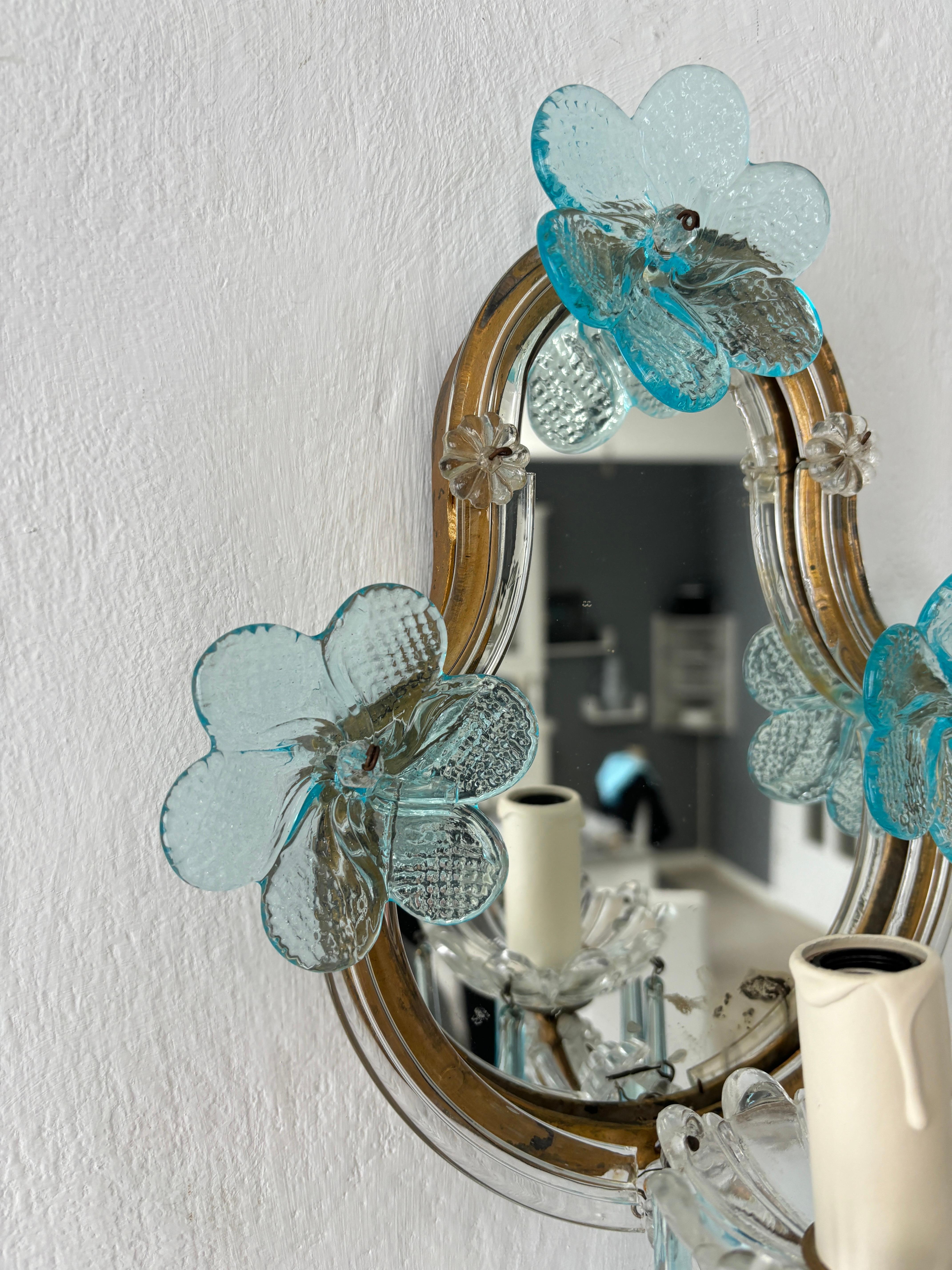 1920s French Rare Aqua Blue Murano Glass Drops & Flowers Mirrored Sconces For Sale 2