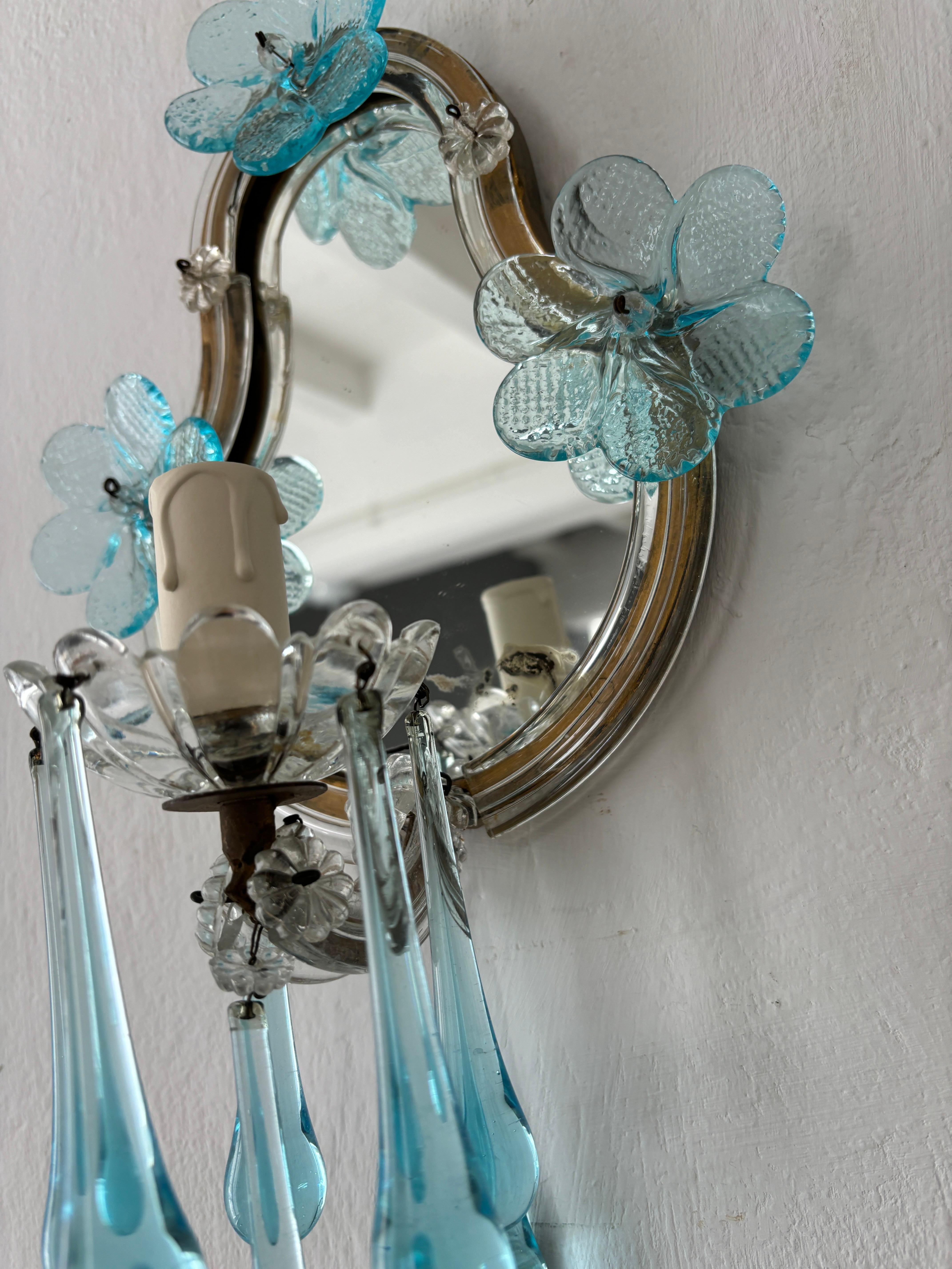 1920s French Rare Aqua Blue Murano Glass Drops & Flowers Mirrored Sconces For Sale 3