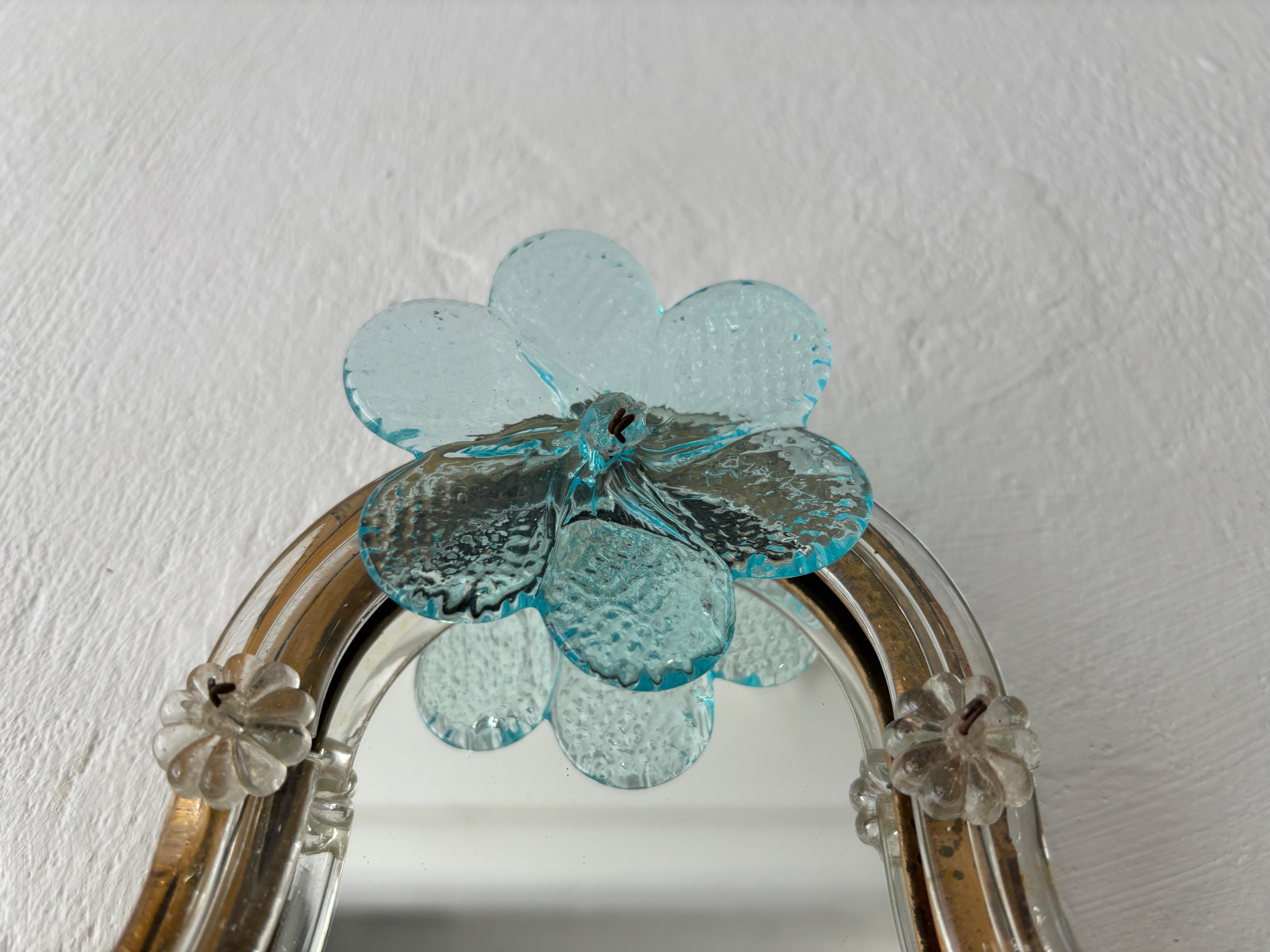 1920s French Rare Aqua Blue Murano Glass Drops & Flowers Mirrored Sconces For Sale 4