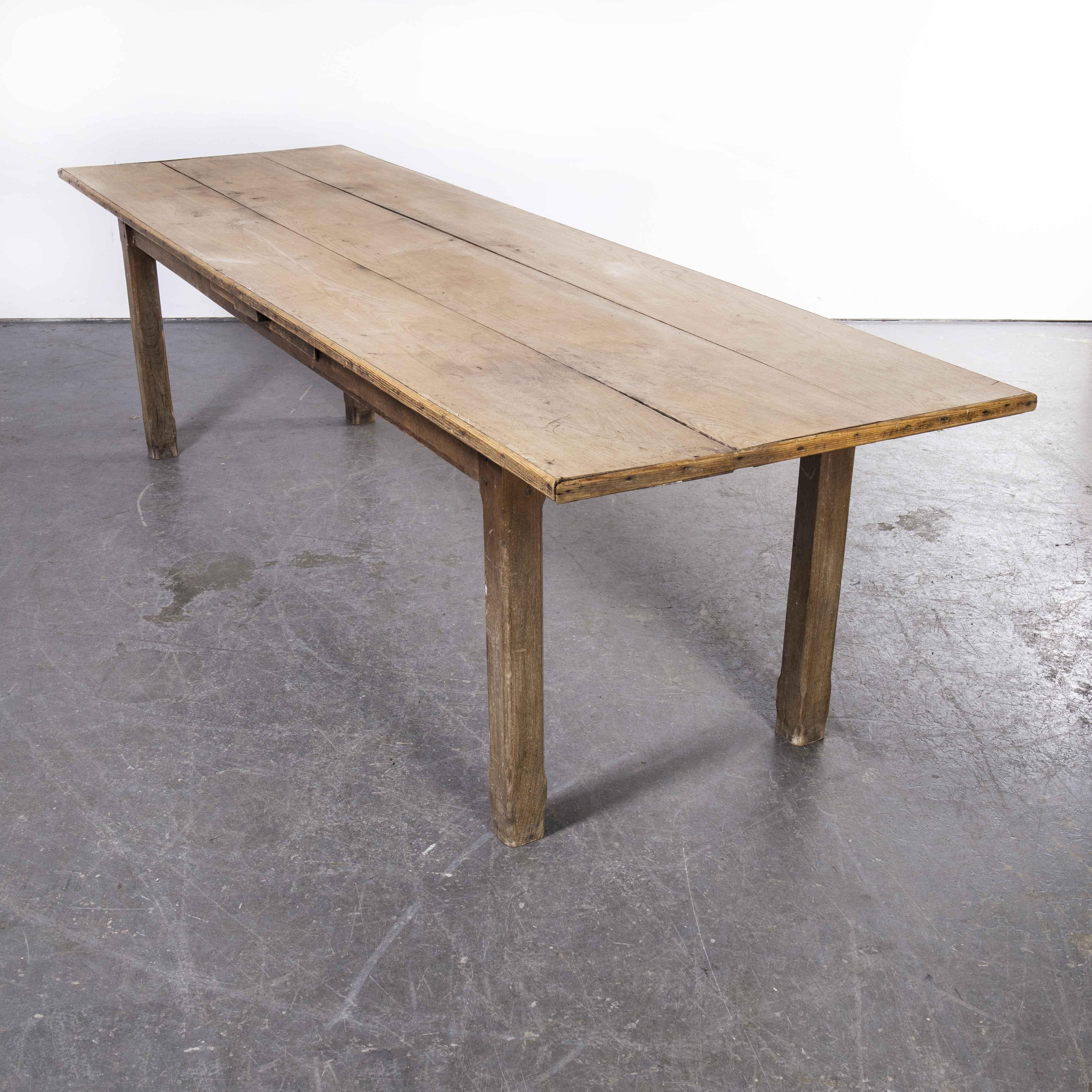 1920's French Rectangular Farmhouse Dining Table, Three Plank Top For