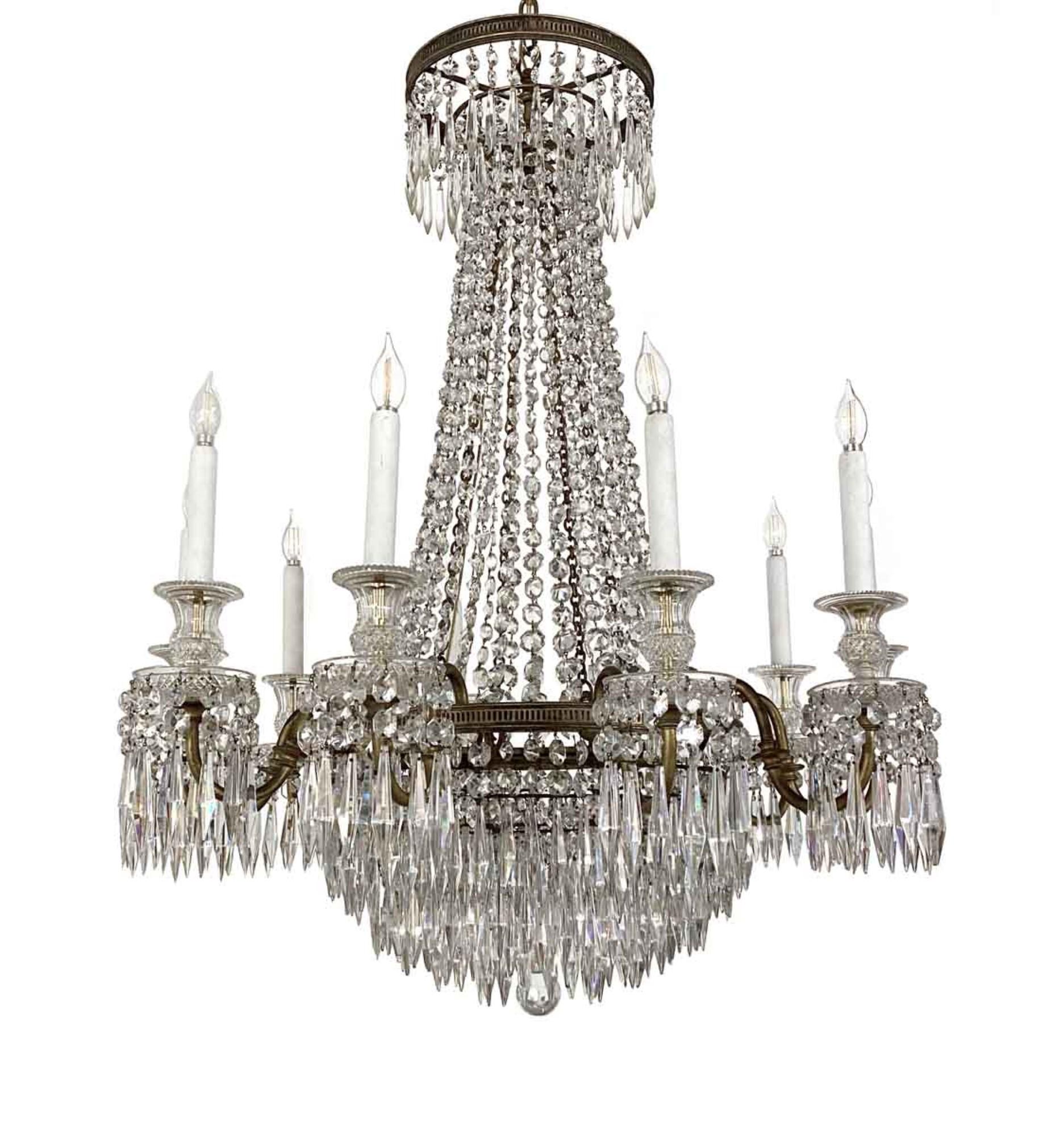 1920s antique French Regency crystal and bronze chandelier with hand cut lead crystals. Crystals have some minor chips. Please see the photos. Please note, this item is located in one of our NYC locations.