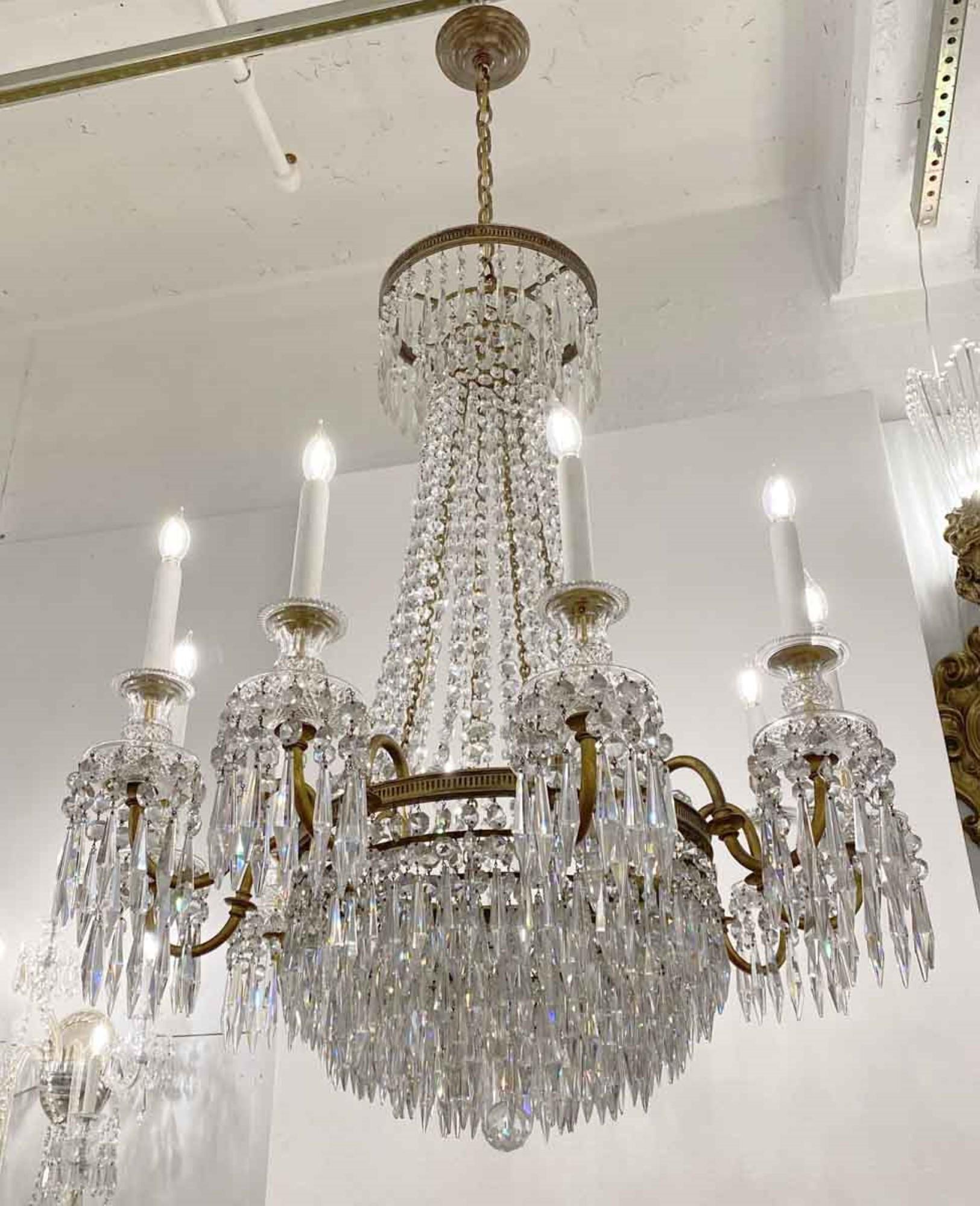 Early 20th Century 1920s French Regency Crystal and Bronze Chandelier Antique with Hand Cut Crystal For Sale