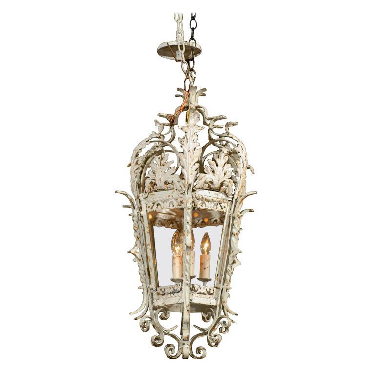 1920s French Rococo Style Painted Metal Three-Light Lantern with Acanthus Leaves