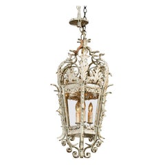 Antique 1920s French Rococo Style Painted Metal Three-Light Lantern with Acanthus Leaves